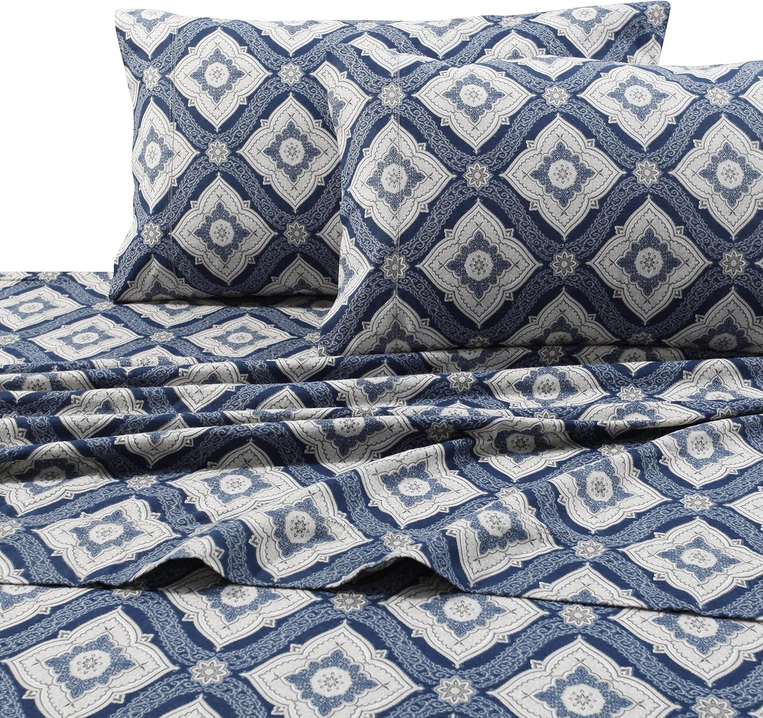 Queen Blue and Gray Cotton Flannel Damask Print Sheet Set
