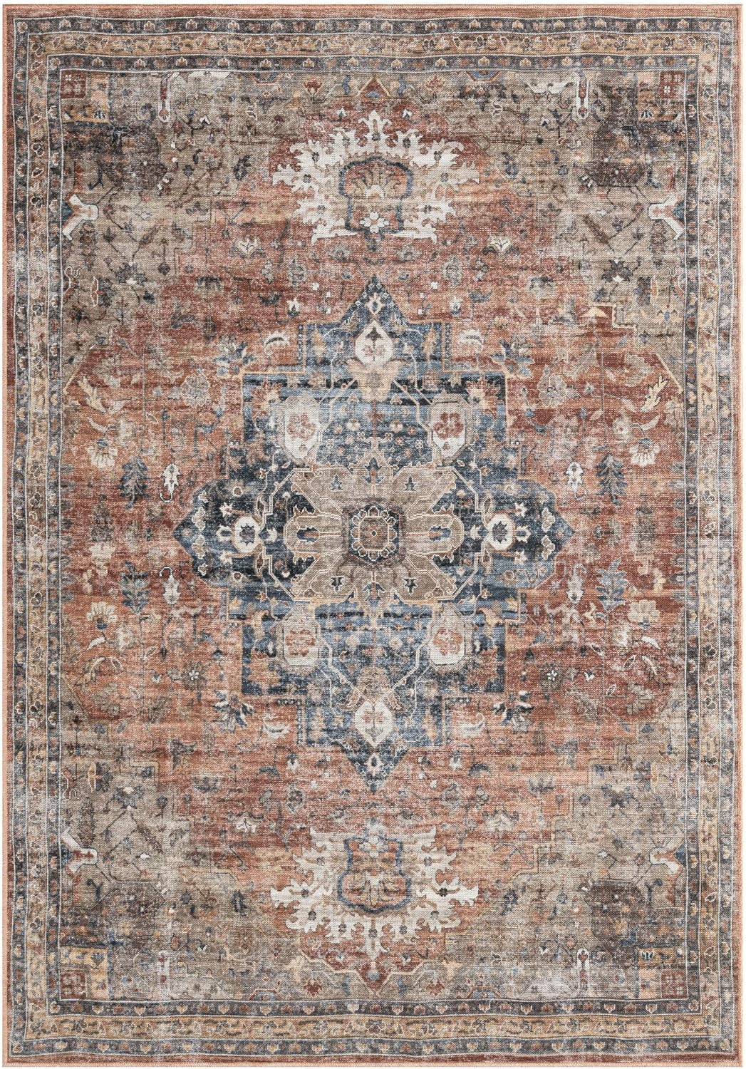 Everwash™ Callaghan Esther Bohemian Medallion Machine Washable Area Rug, Rust/Navy Blue, 6'6"x9'2"