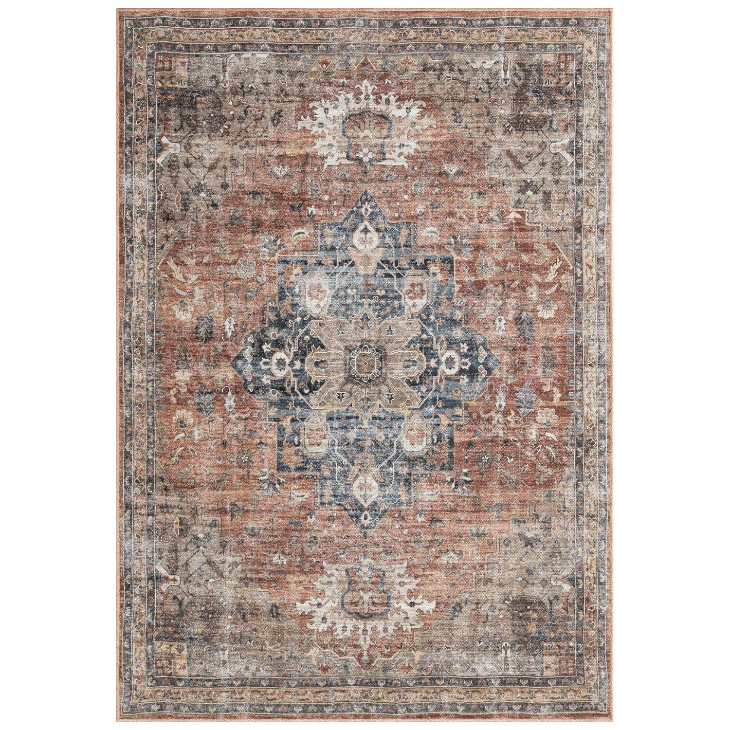 Everwash™ Callaghan Esther Bohemian Medallion Machine Washable Area Rug, Rust/Navy Blue, 6'6"x9'2"