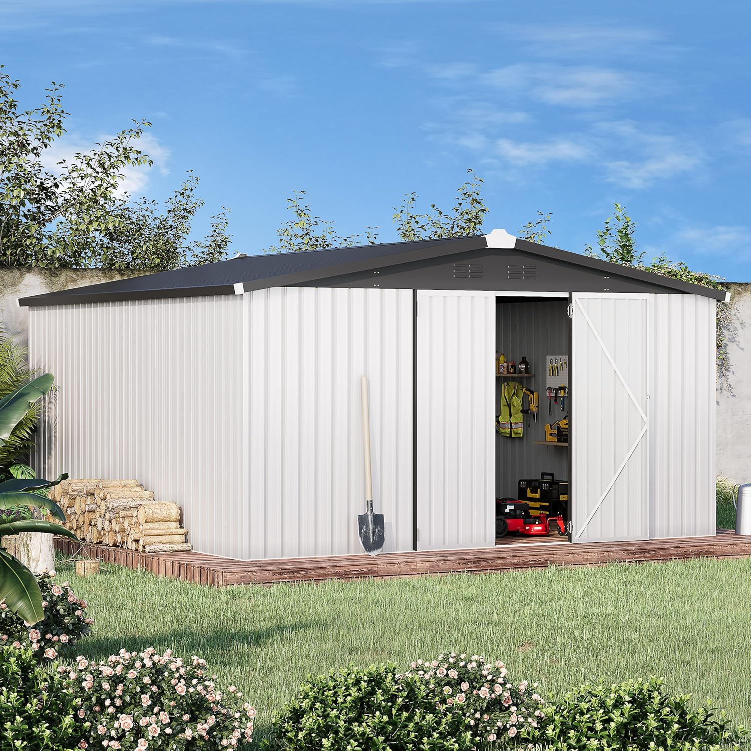 AECOJOY 12' x 12' Outdoor Storage Shed with Lockable Door Patio Metal Garden Storage Building in White for Outside