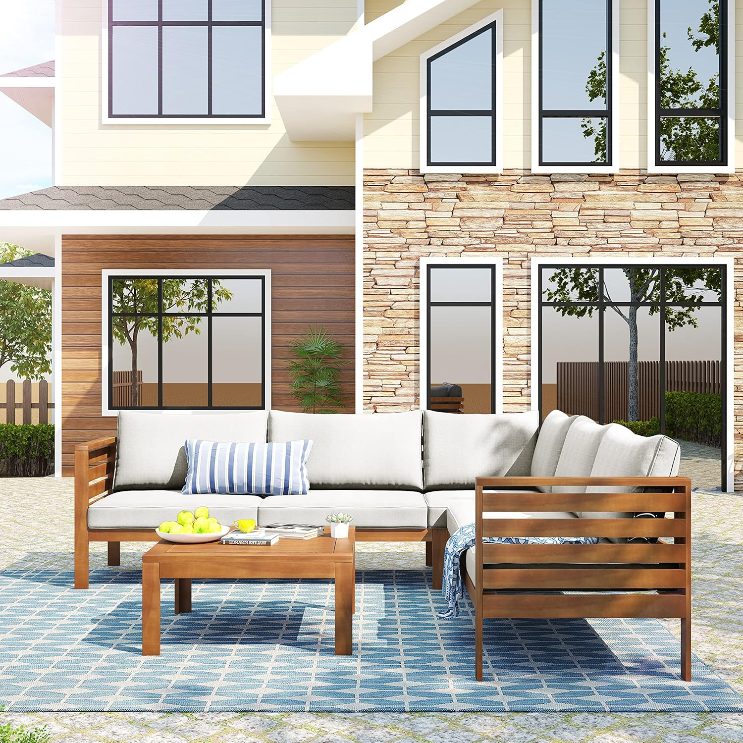 4 Piece Outdoor Patio Furniture Set, Acacia Wood Sectional Sofa w/Seat Beige Cushions, Patio Sectional Conversation Seat with Coffee Table and Strong Metal Accessories