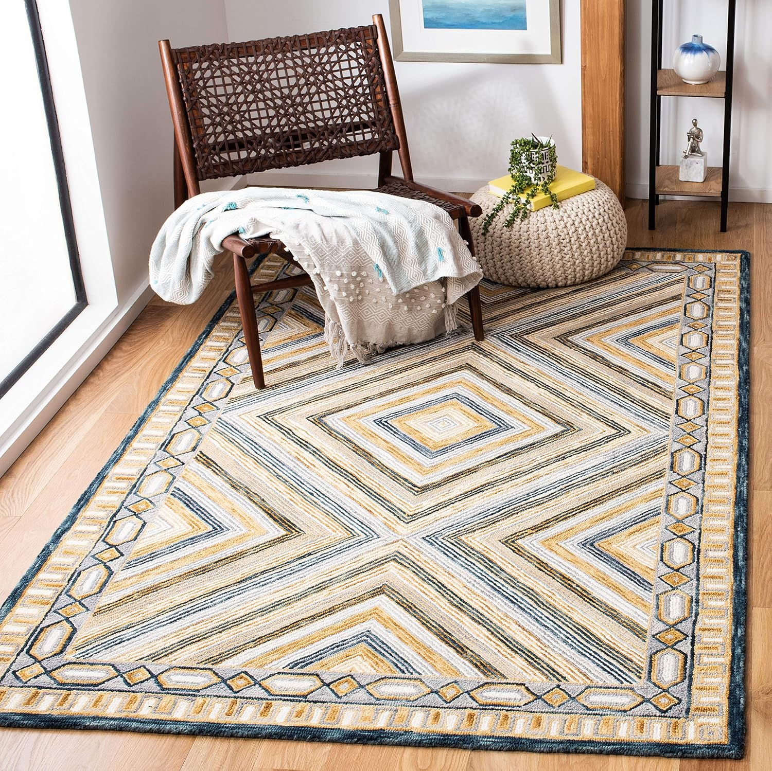 SAFAVIEH Aspen Caitriona Geometric Wool Area Rug, Navy/Gold, 7' x 7' Square