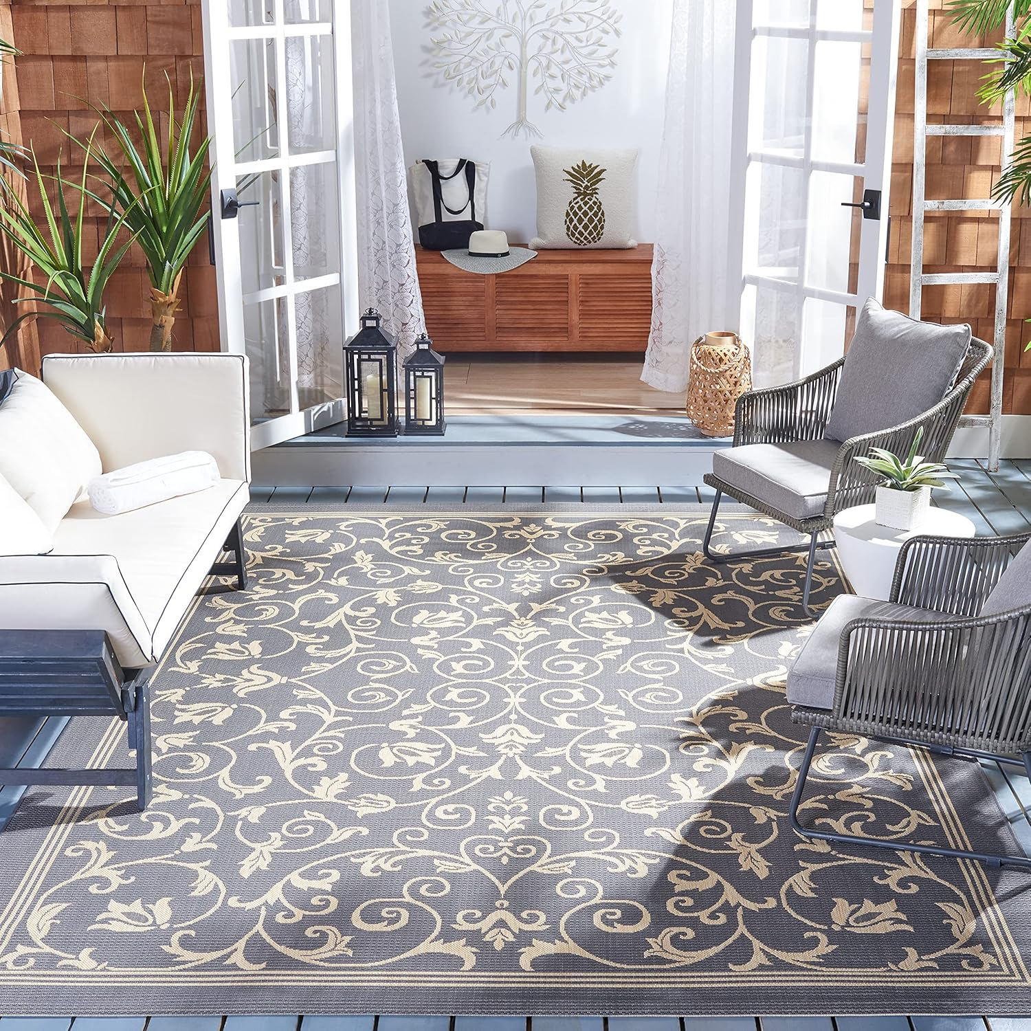 SAFAVIEH Courtyard Nanda Floral Indoor/Outdoor Area Rug, 7'10" x 7'10" Square, Grey/Natural