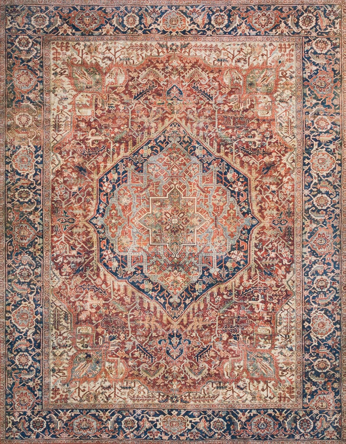 Loloi II Layla Collection, LAY-08 Red/Navy 7'-6" x 9'-6" .13" Thick, Area Rug, Soft, Durable, Vintage Inspired, Distressed, Low Pile, Non-Shedding, Easy Clean, Printed, Living Room Rug