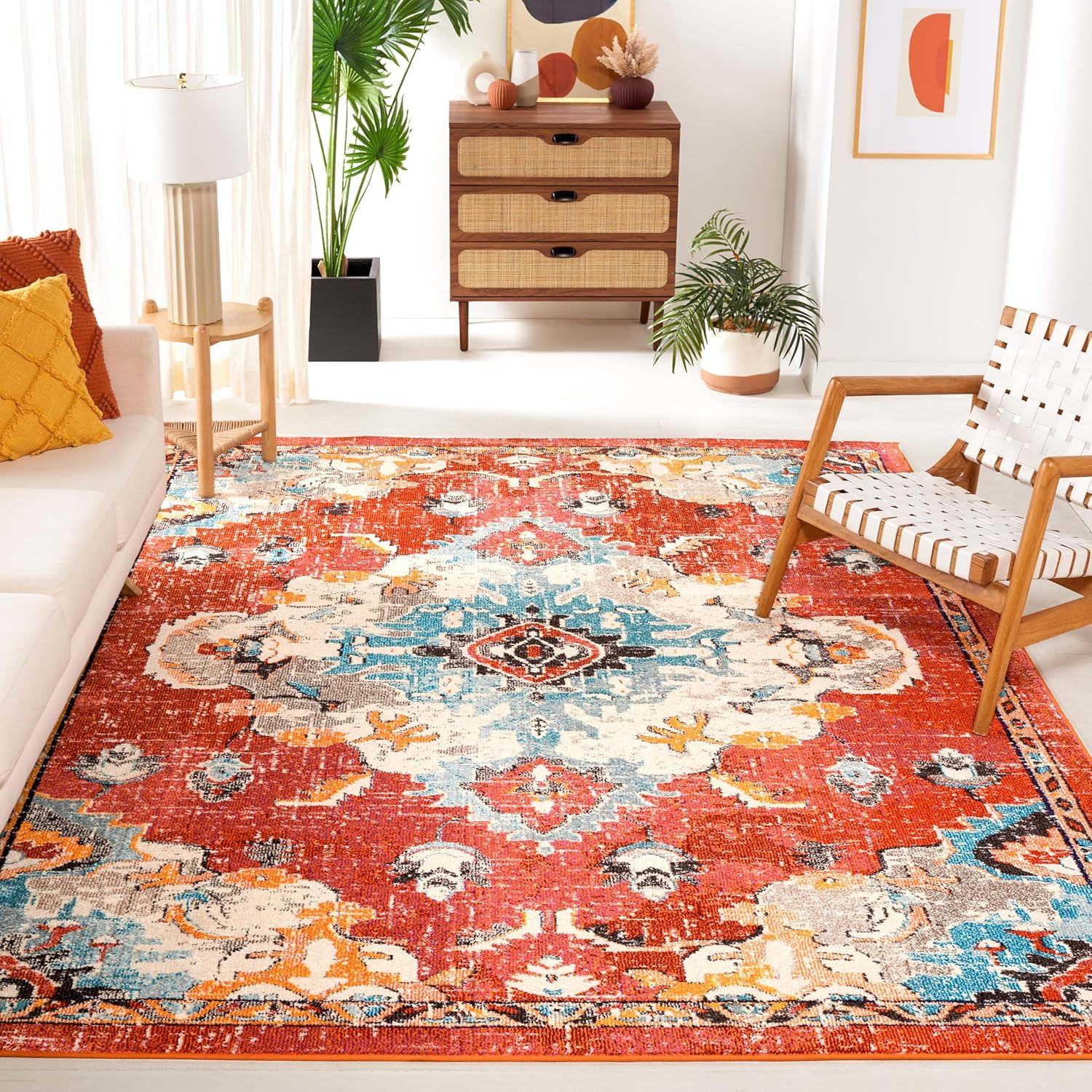 SAFAVIEH Madison Elinor Traditional Distressed Area Rug, Orange/Light Blue, 9' x 12'