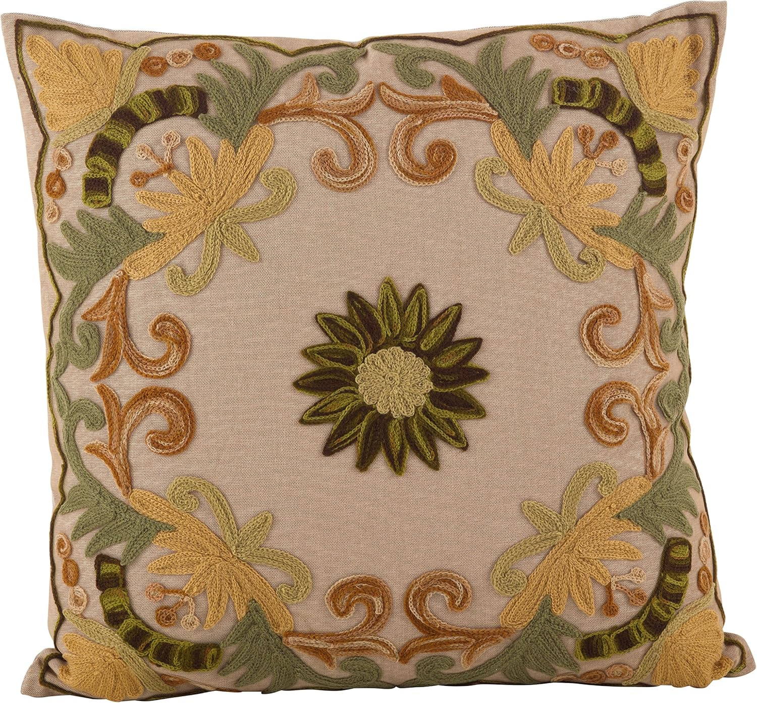 SARO LIFESTYLE Embroidered Floral Design Cotton Poly Filled Throw Pillow, 18", Green