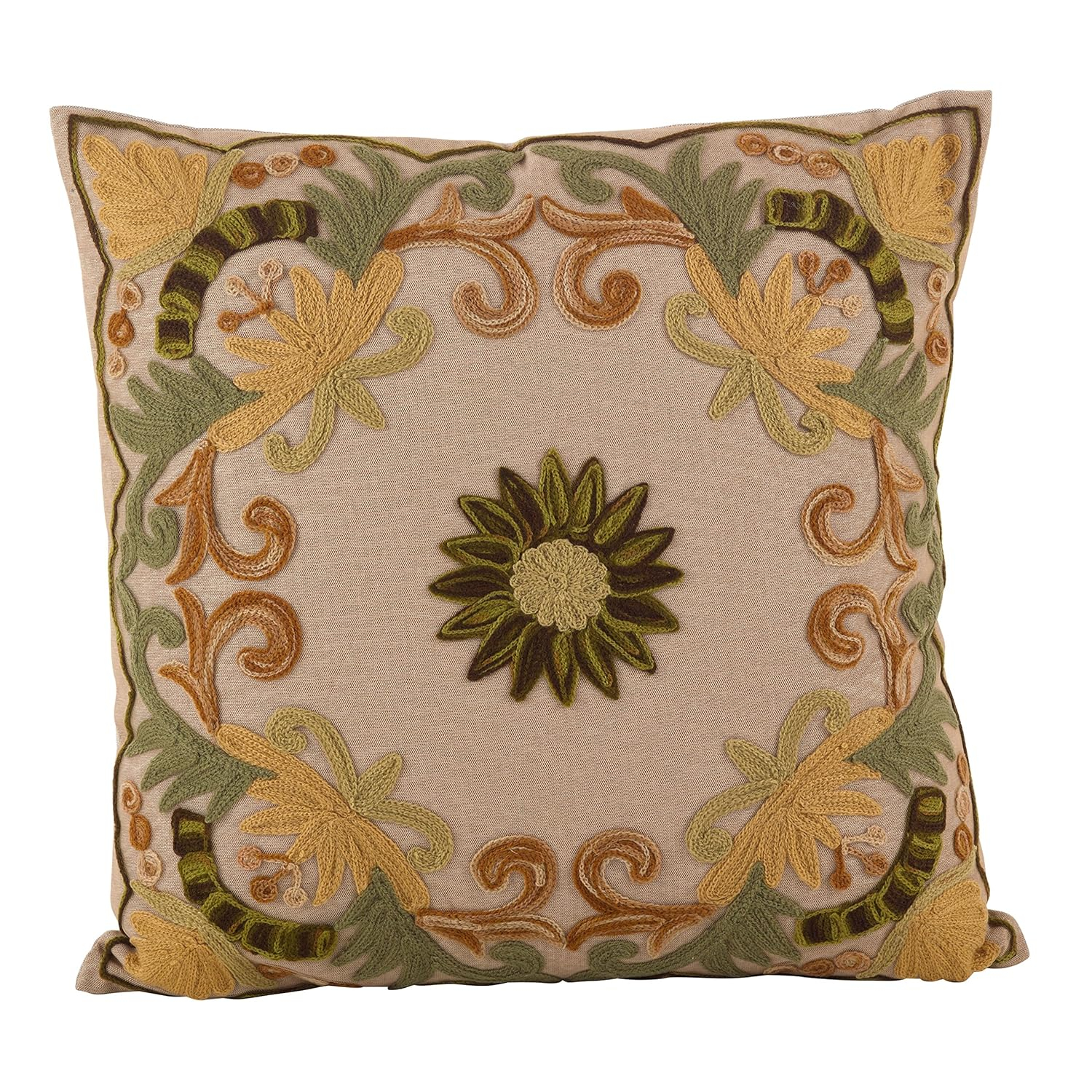 SARO LIFESTYLE Embroidered Floral Design Cotton Poly Filled Throw Pillow, 18", Green