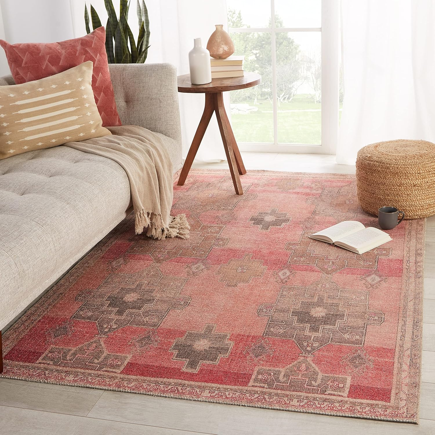 Jaipur Living Machine Washable 6x9 Area Rug, Farmhouse, Pink/Tan