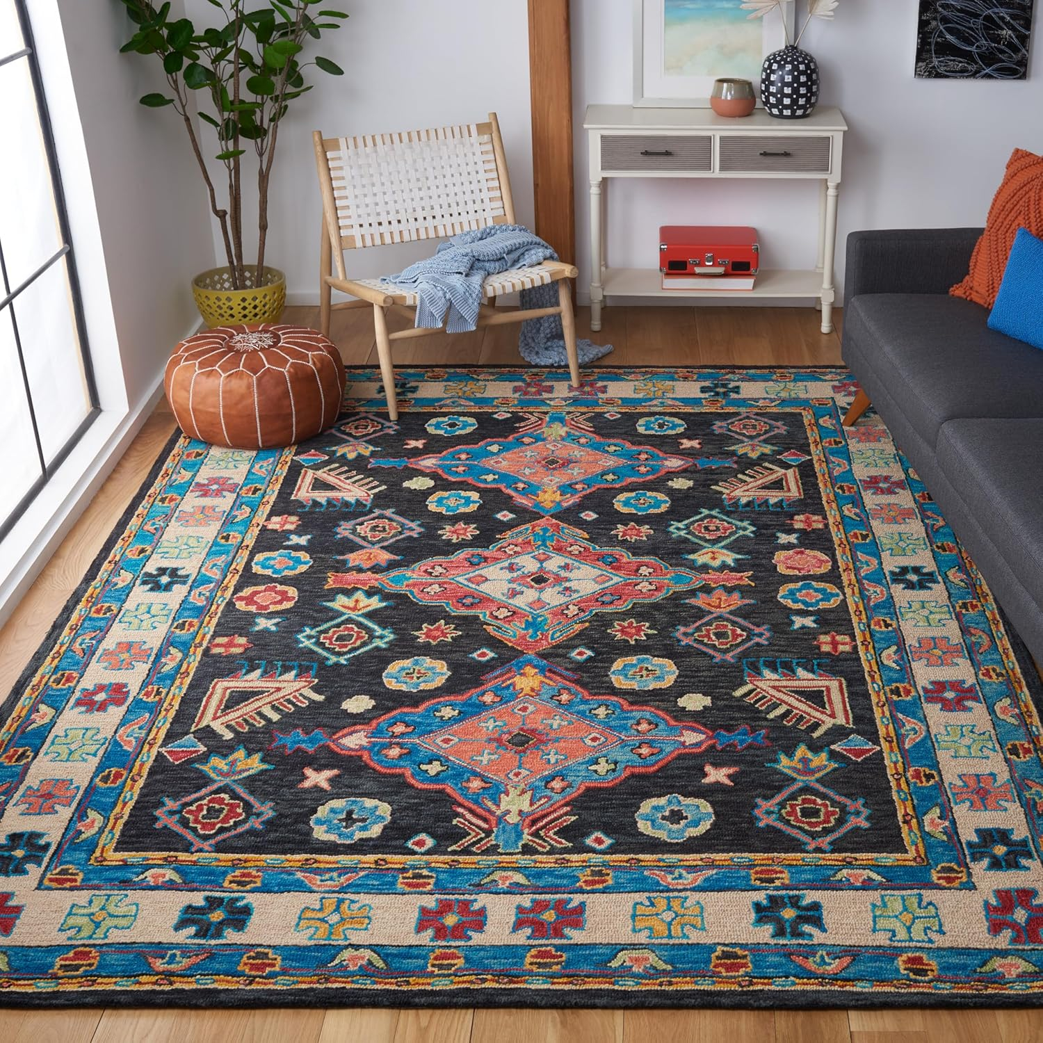 SAFAVIEH Aspen Ermintrude Floral Bordered Wool Area Rug, Charcoal/Blue, 11' x 15'