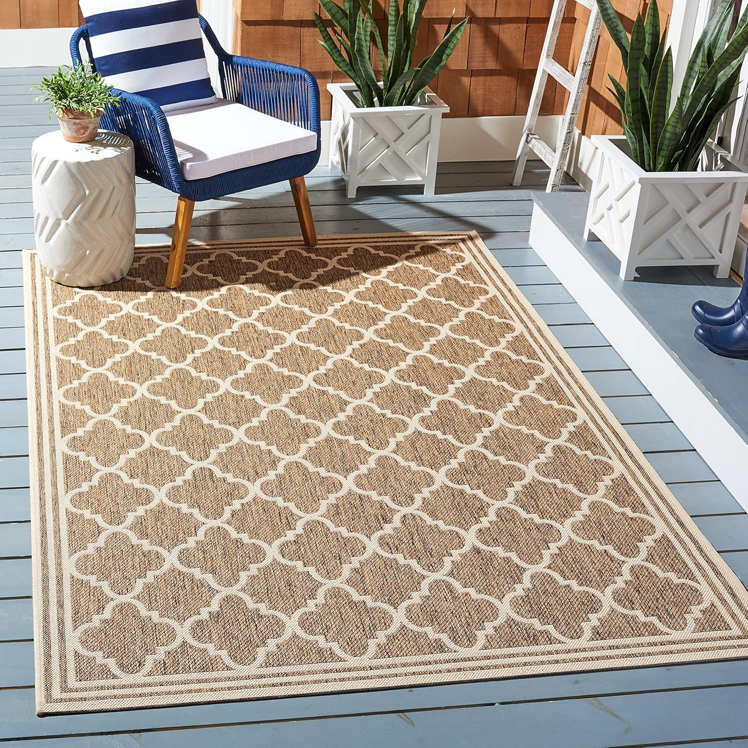 SAFAVIEH Beach House Nima Trellis Indoor/Outdoor Area Rug Beige/Cream, 5'3" x 7'6"