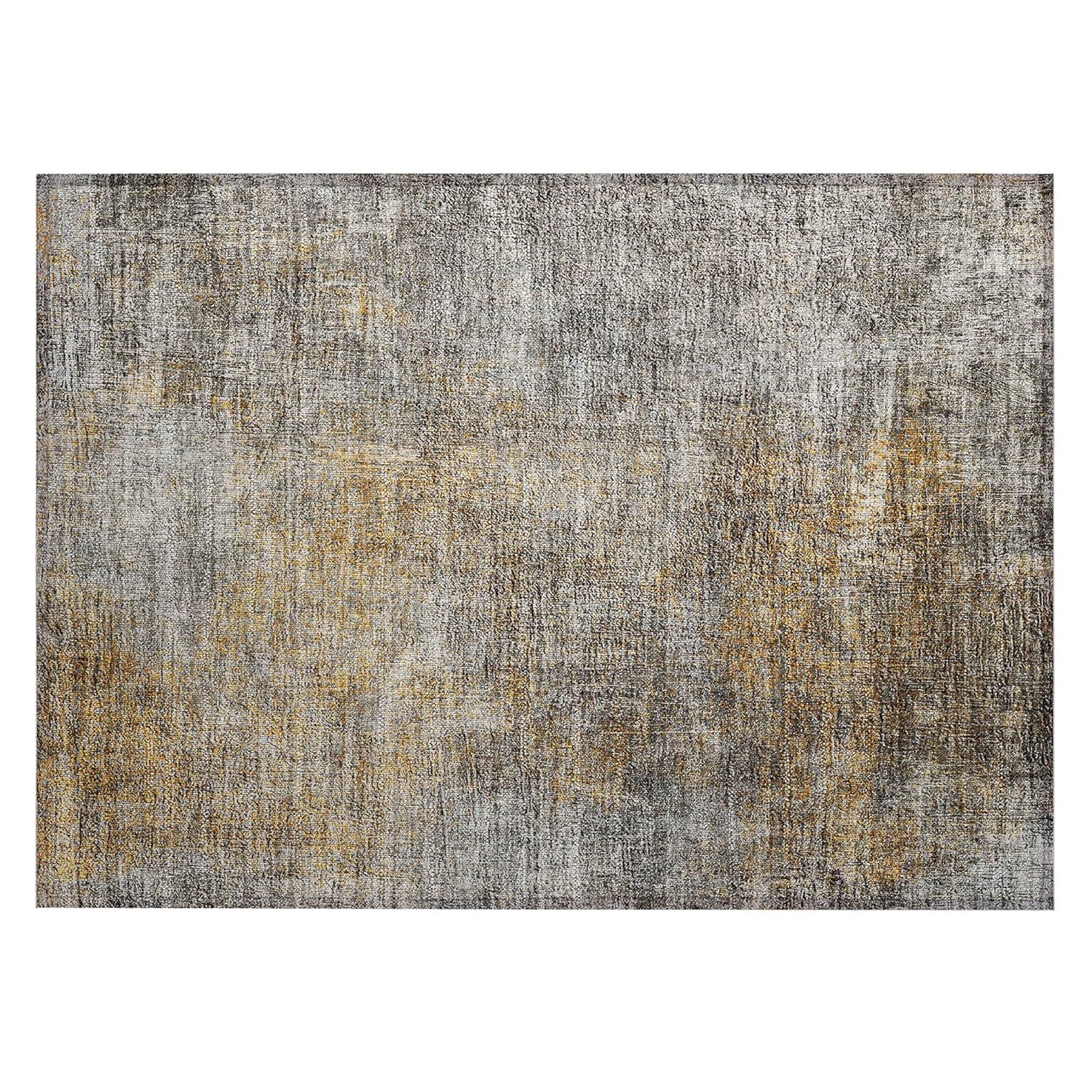 Gray and Gold Rectangular Machine Washable Area Rug