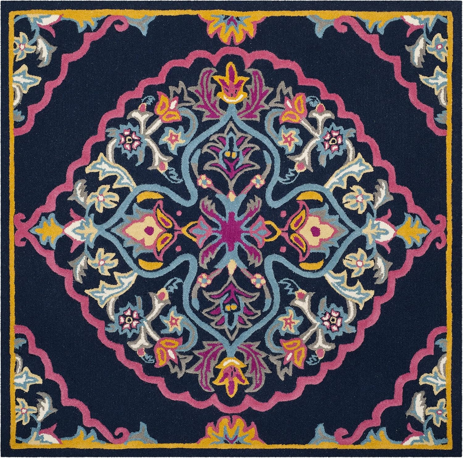 SAFAVIEH Bellagio Rio Floral Wool Area Rug, Navy Blue/Multi, 3' x 3' Square