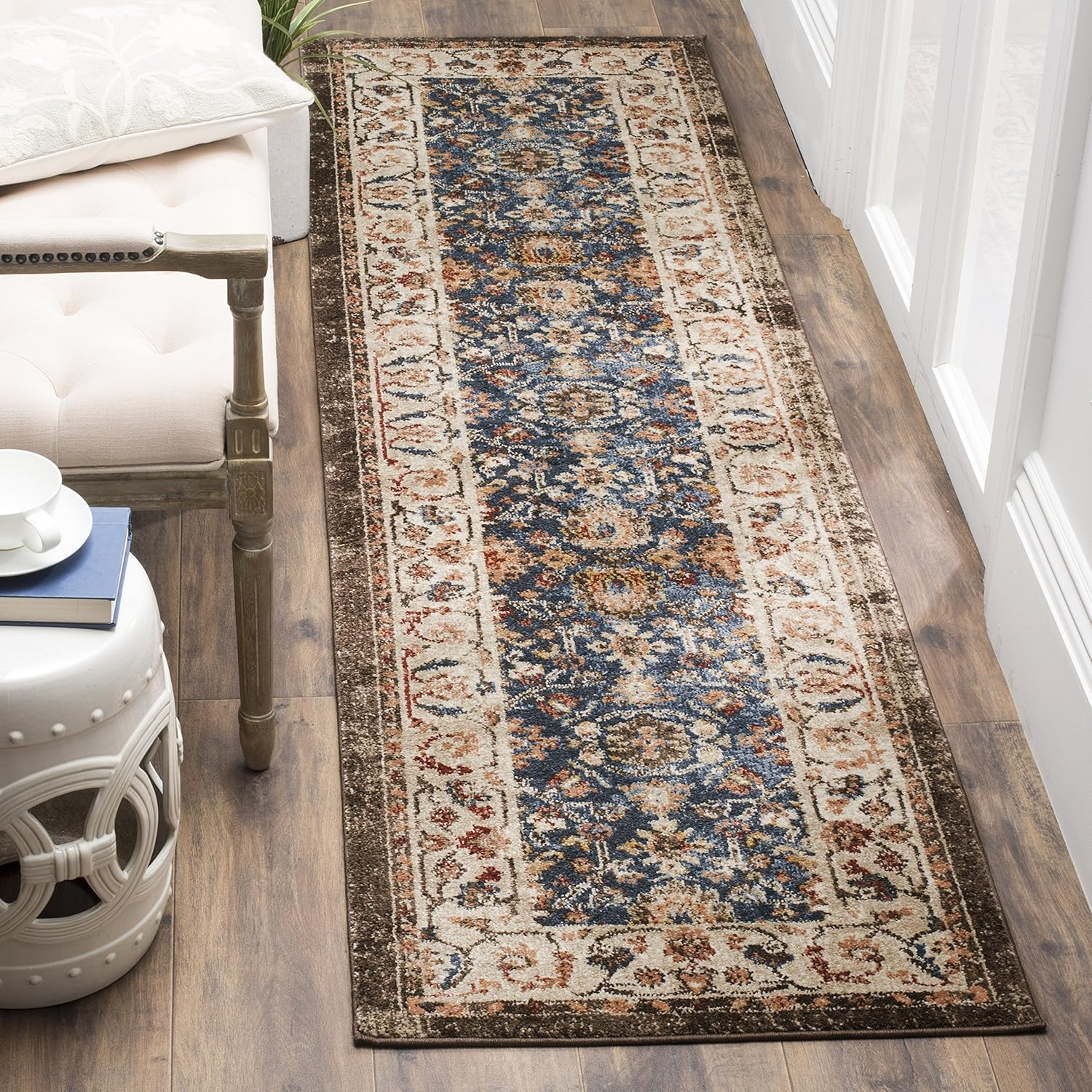 SAFAVIEH Bijar Collection 2'3" x 12' Royal / Ivory BIJ650B Traditional Oriental Distressed Non-Shedding Living Room Bedroom Runner Rug
