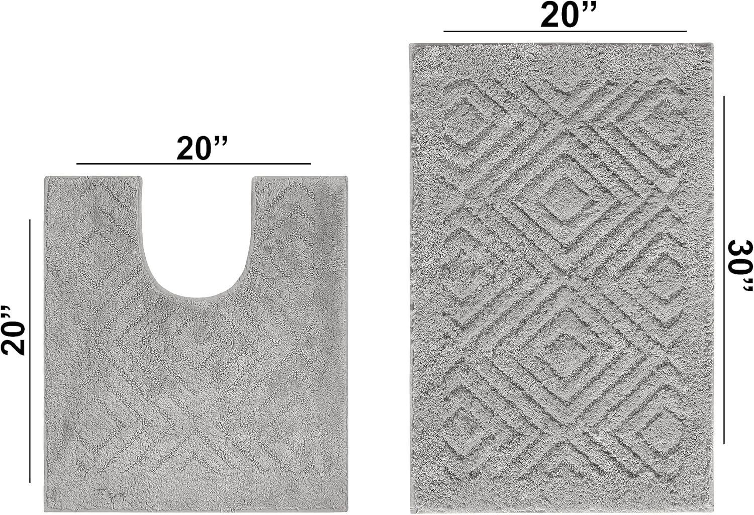 Better Trends 2 Piece Bathroom Rug Set 100% Cotton Non-Slip Washable Bath Mat, Soft & Absorbent Bath Rugs for Bath Room, Shower, Bathtub & Spa Floors Silver Trier Collection