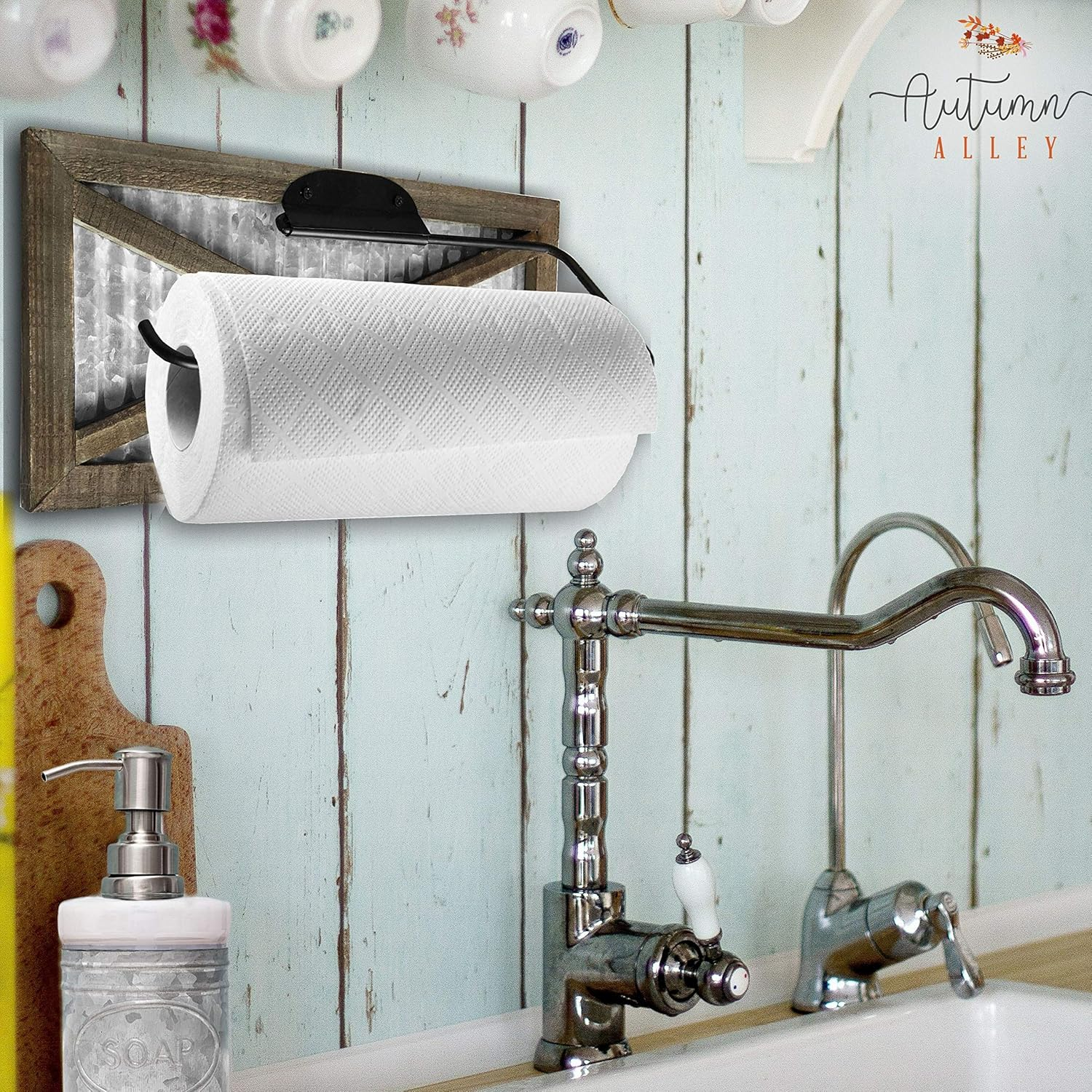 Autumn Alley Rustic Farmhouse Paper Towel Holder – Wall Mounted with Galvanized Metal Accent - Farmhouse Kitchen Decor