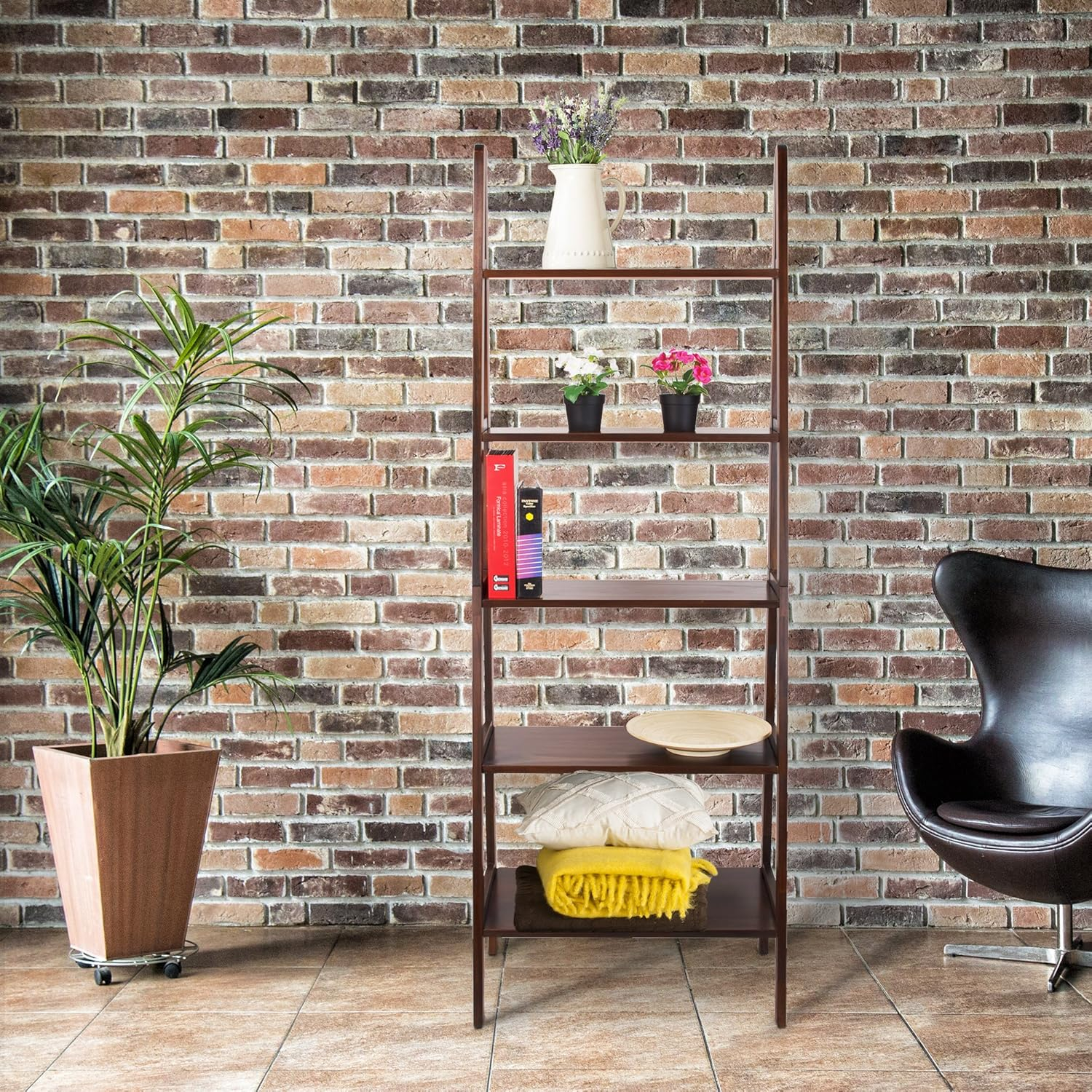 HomeStock City Chic Shelf Bookcase Spacious Shelves for Ample Storage and a Contemporary Appearance, Perfect for Home Decor-Color:Warm Brown,Size:5 Tier Ladder