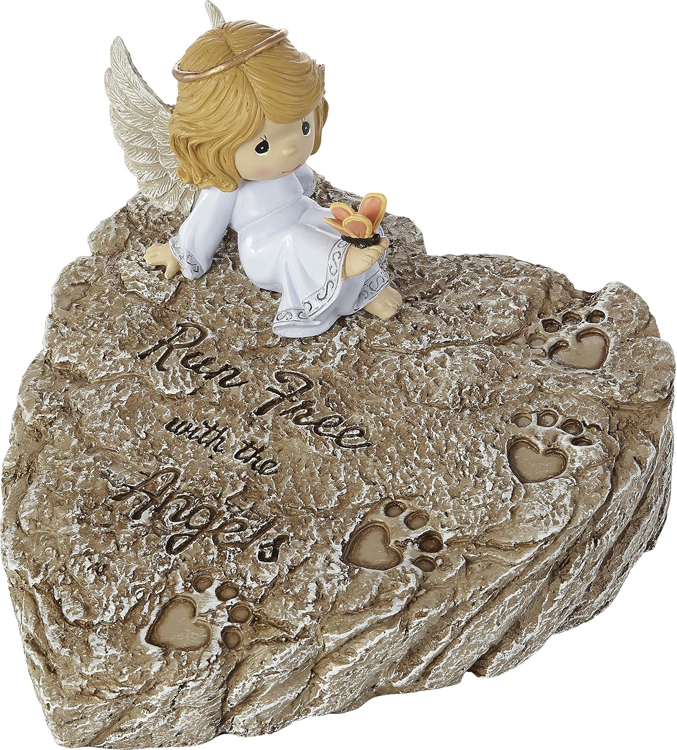Garden Stone-Angel On Heart Shaped Stone With Paw Prints