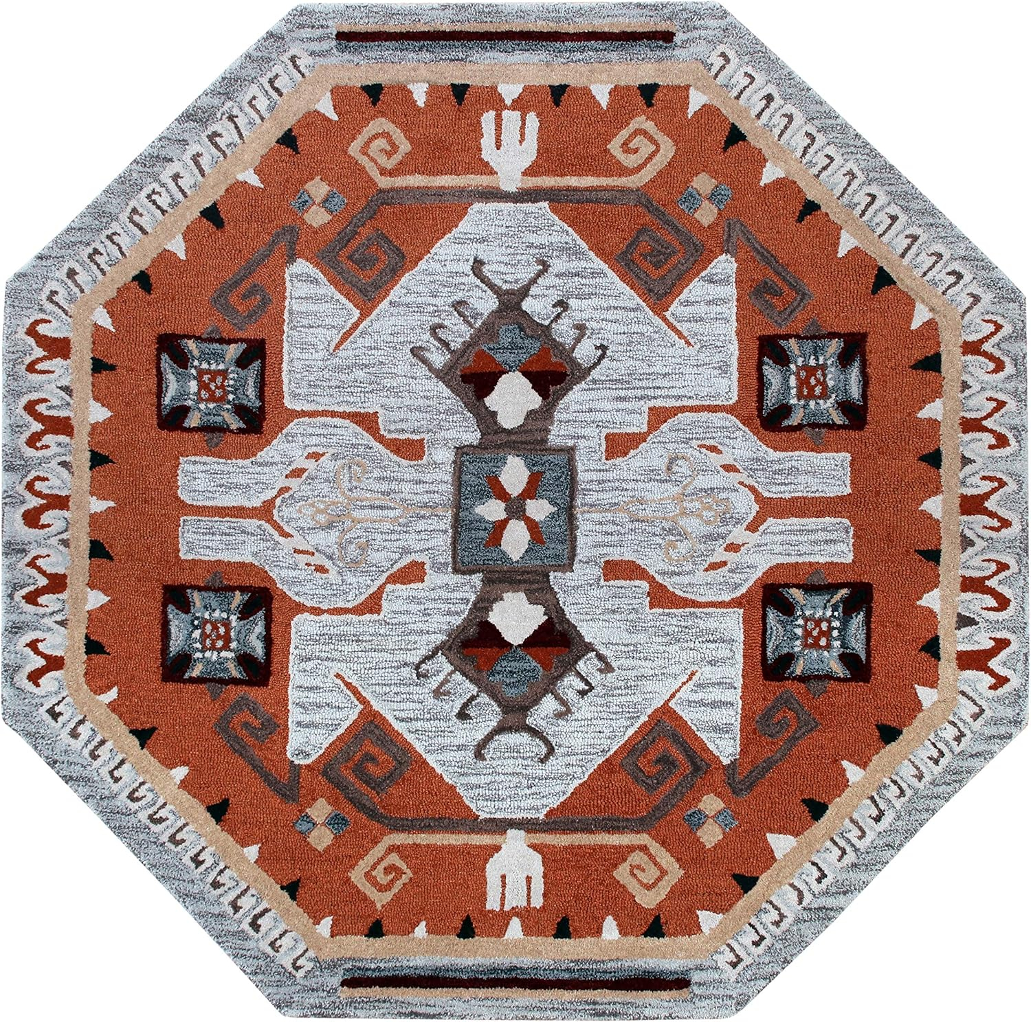 Ox Bay Terracotta Textile Southwestern Shape Rug, 4 ft. Octagon, Terracotta / Gray