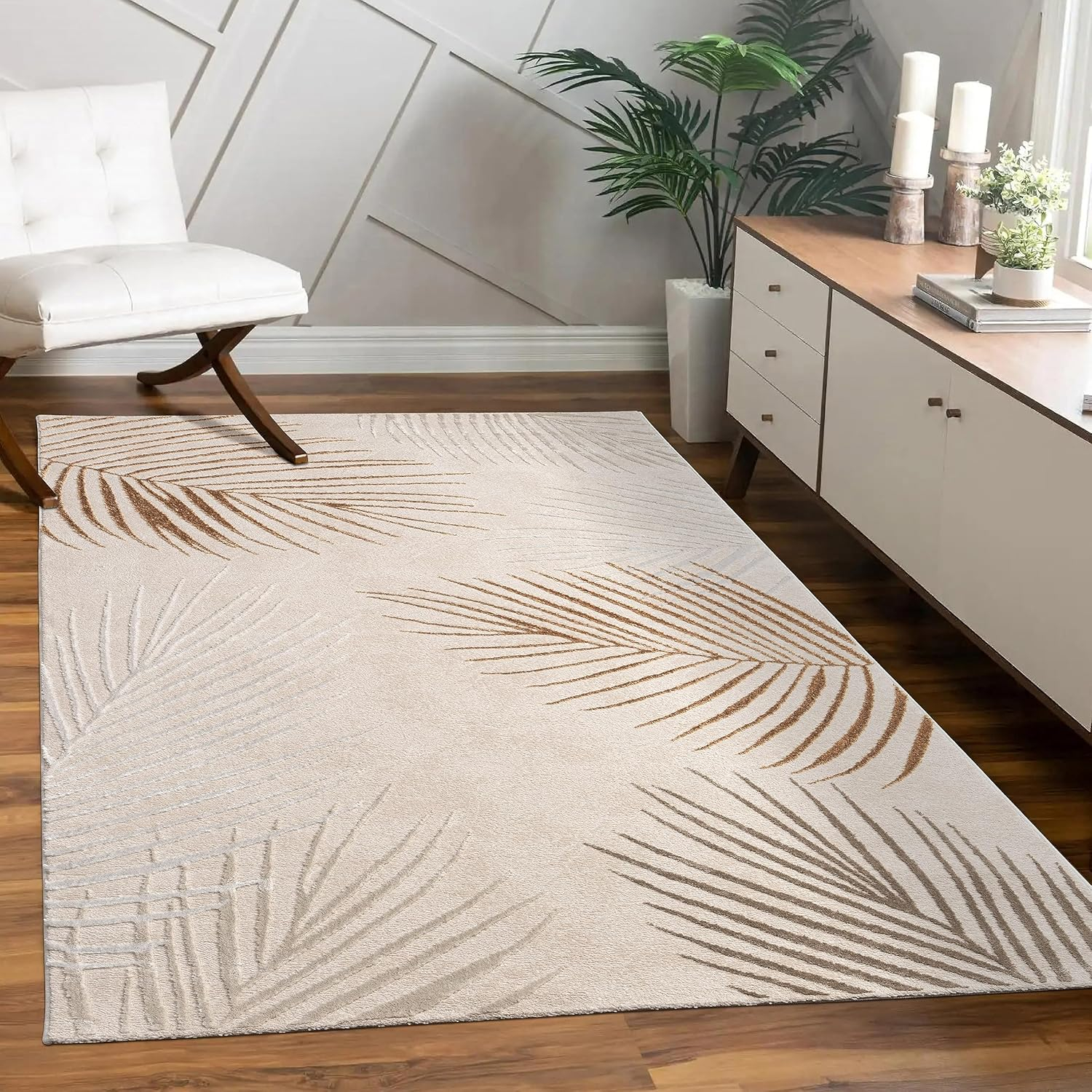 Beige and Brown Palm Leaf Pattern Rectangular Rug, 3'11" x 5'3"