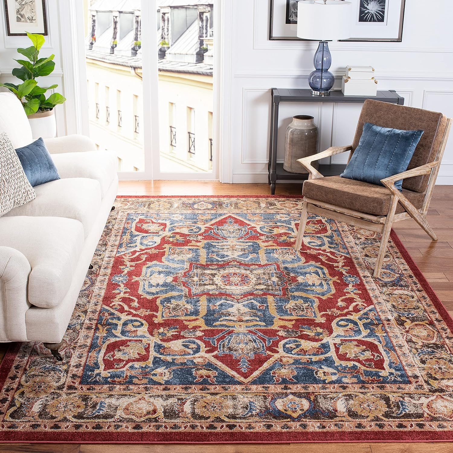 SAFAVIEH Bijar Collection 3' x 5' Red / Royal BIJ605R Traditional Oriental Distressed Non-Shedding Living Room Bedroom Accent Rug