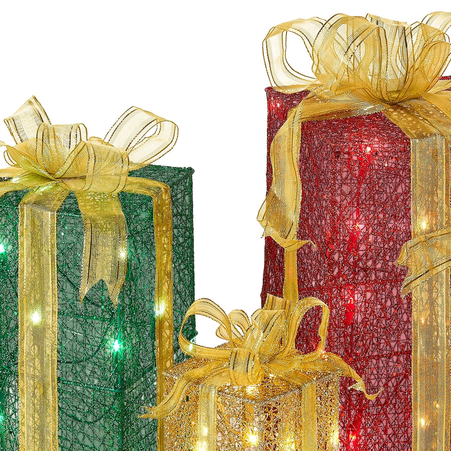 Festive Sisal Gift Boxes with Gold Lace and Lights, Set of 3