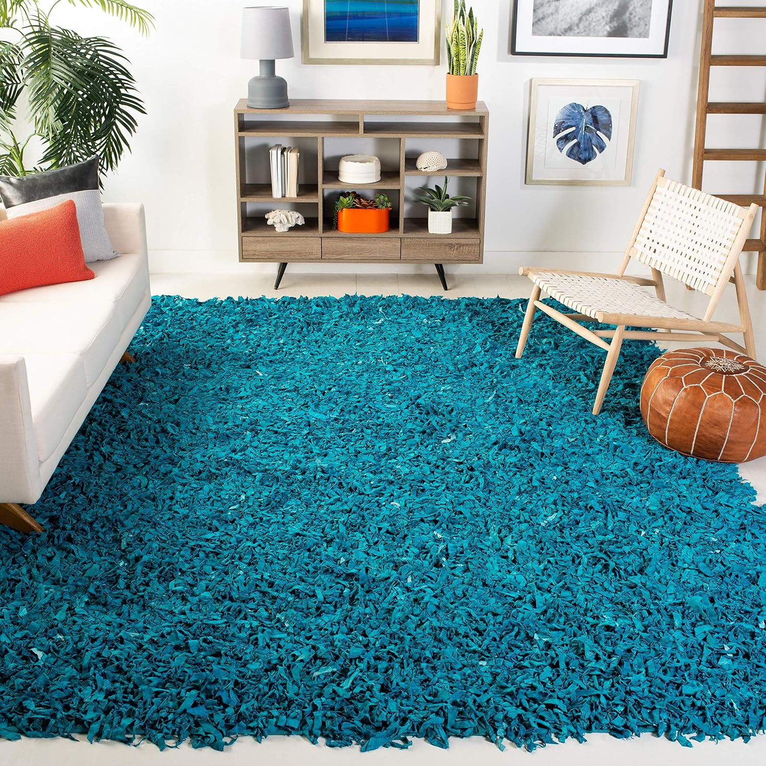 SAFAVIEH Leather Shag Collection Accent Rug - 4' x 6', Light Blue, Hand-Knotted Modern Leather, Ideal for High Traffic Areas in Entryway, Living Room, Bedroom (LSG511L)