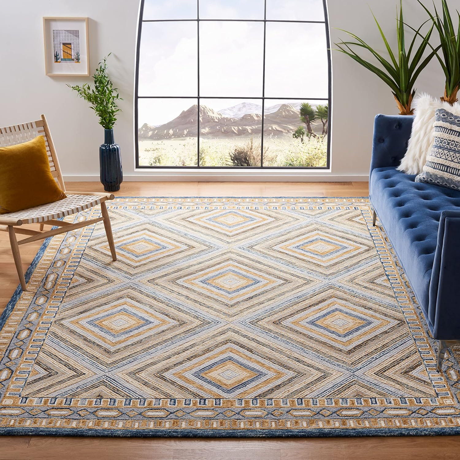 SAFAVIEH Aspen Caitriona Geometric Diamonds Wool Runner Rug, Navy/Gold, 2'3" x 9'