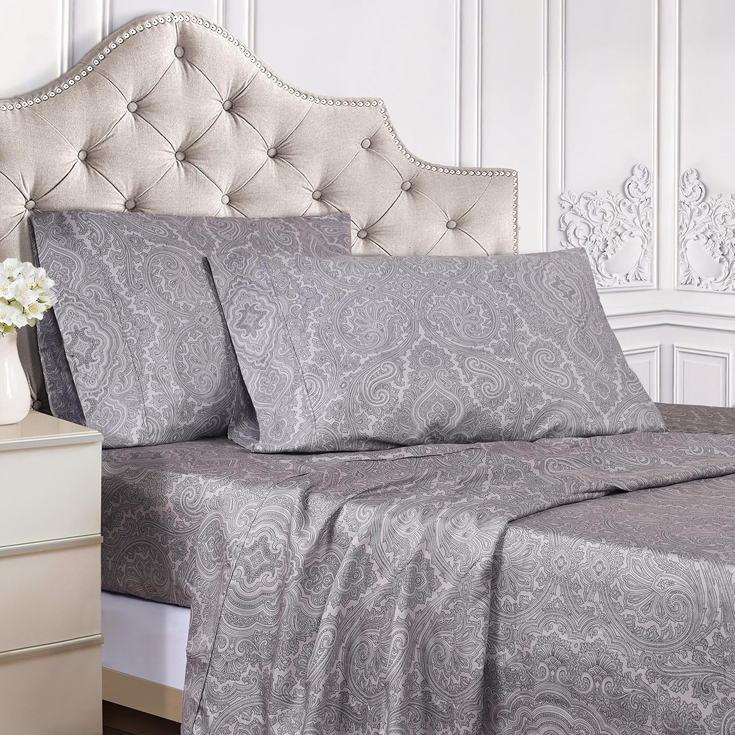 Superior Italian Paisley Cotton Blend Classic Sheet Set, California King, Grey