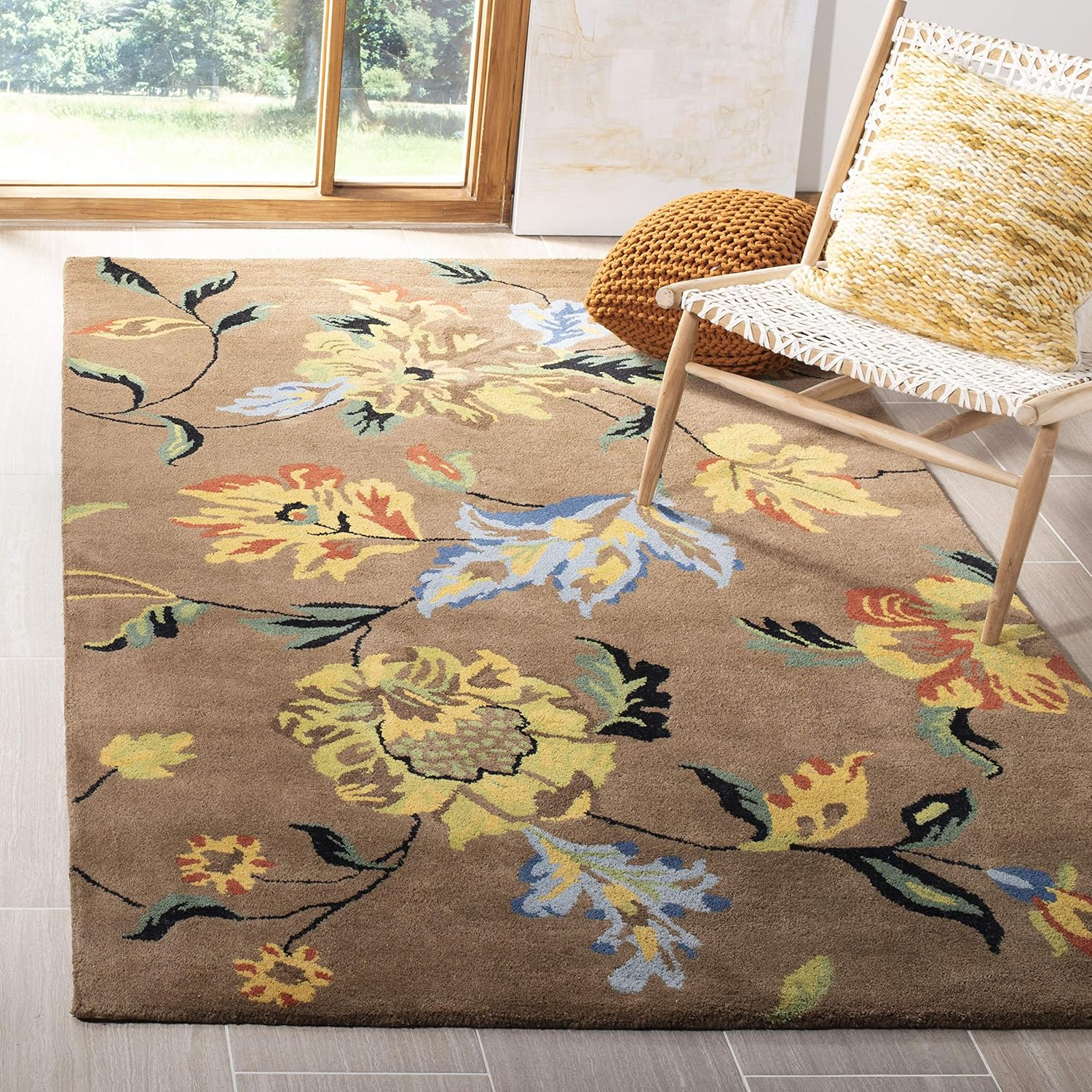 Brown and Multicolor Floral Handmade Wool Area Rug