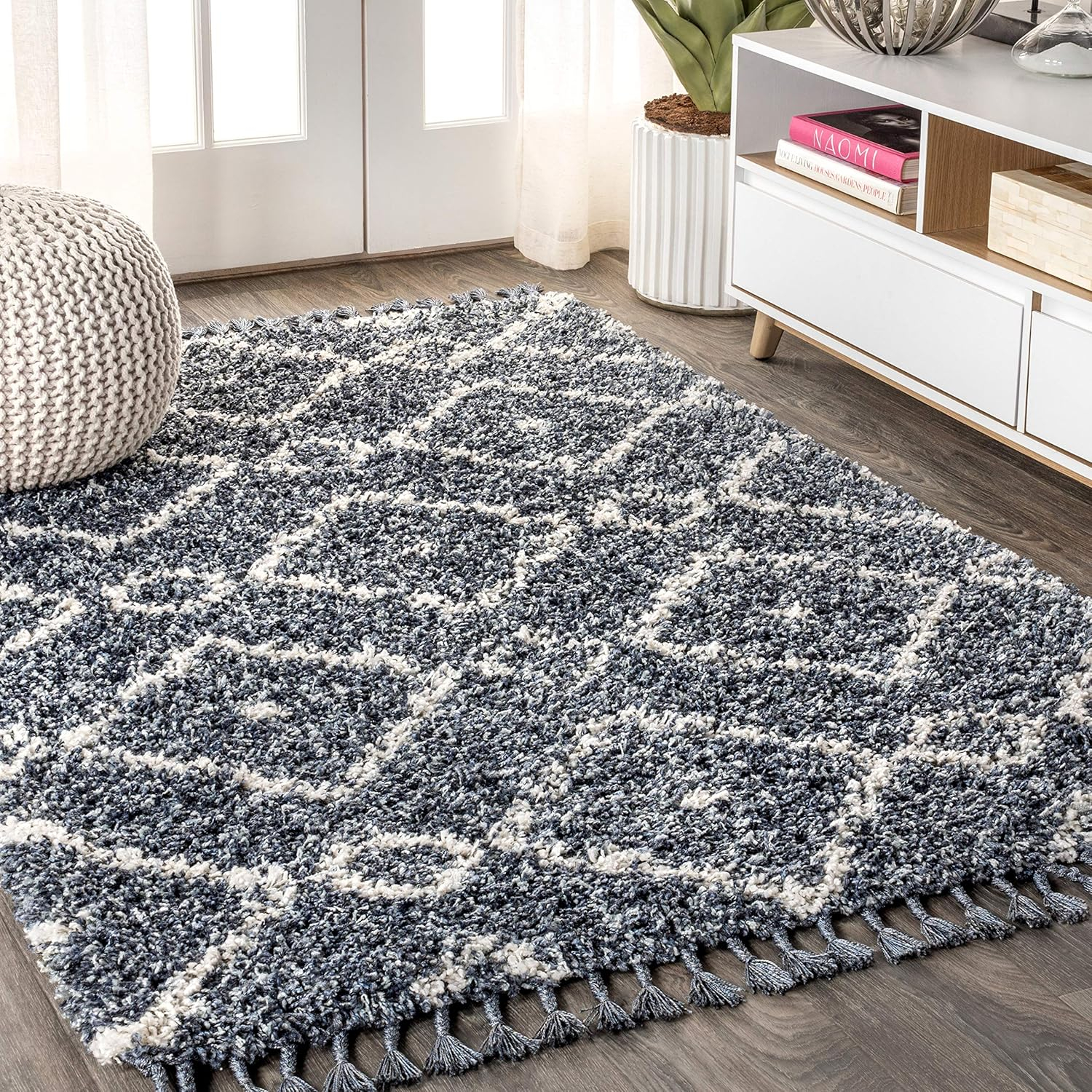 JONATHAN Y MCR105A-5 Mercer Shag Plush Tassel Moroccan Diamond Denim Blue/Cream 5 ft. x 8 ft. Area Rug, Shags Bohemian, Pet Friendly, Stain Resistant, Easy to Clean, for Living Room; Kitchen, Bedroom