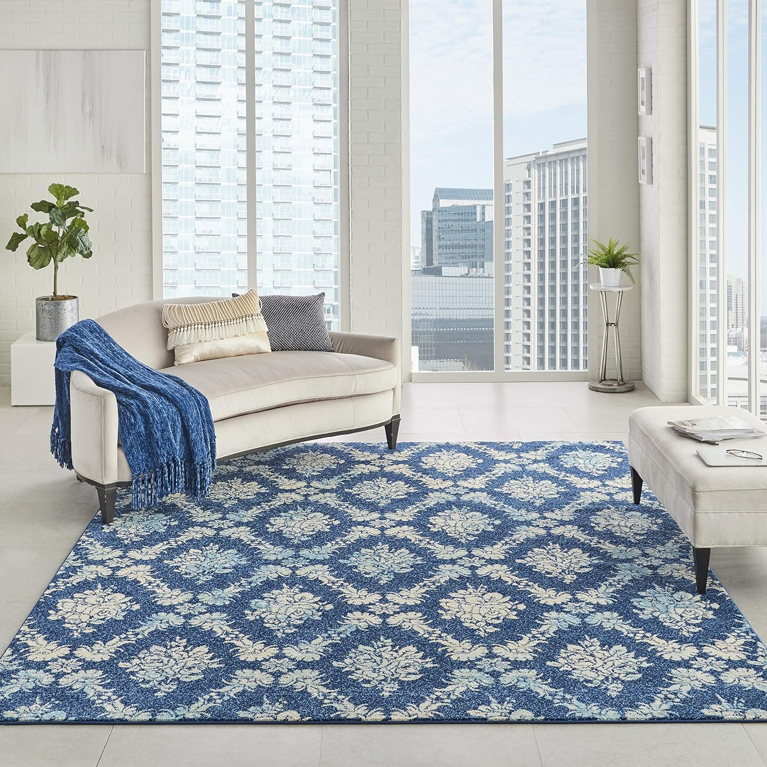 Nourison Tranquil Floral Navy/Light Blue 8' x 10' Area Rug, (8x10)