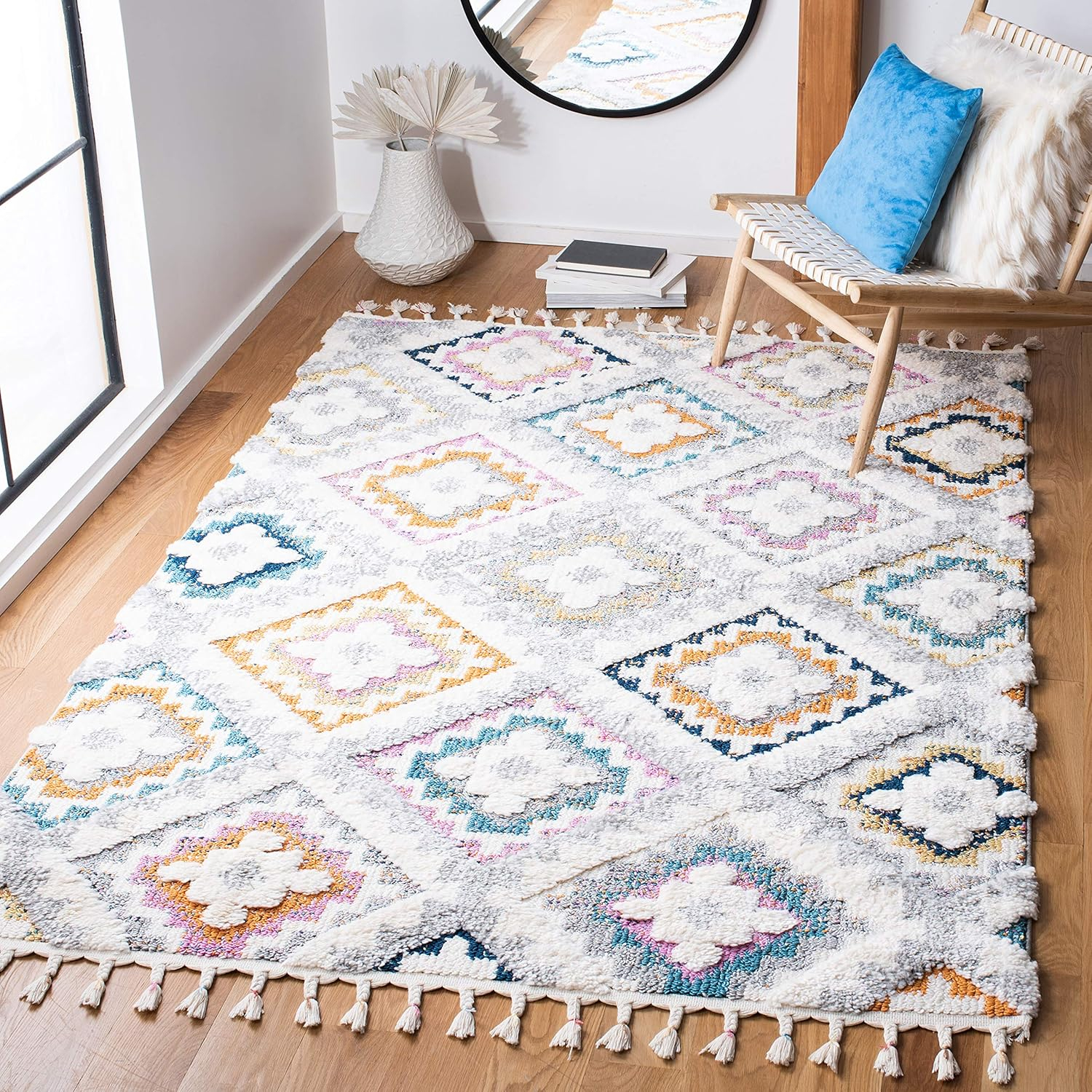 SAFAVIEH Moroccan Fringe Amelia Southwestern Shag Area Rug, Grey/Ivory, 9' x 12'