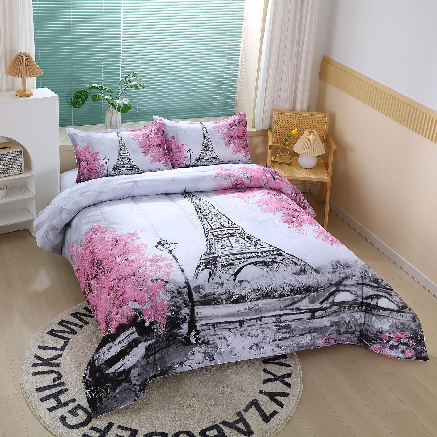Suncloris Paris Style Comforter Set for Girls Teens, Queen Size France Eiffel Tower Bedroom Themed Bedding Comforter with 2 Romantic French Pink Flowers Patterned Pillowcases-90 x90(Queen, Grey)