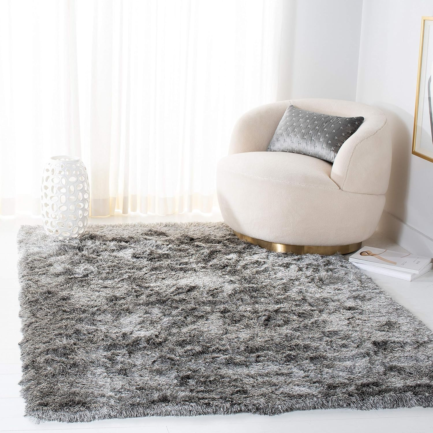 SAFAVIEH Paris Darwin Plush Polyester Shag Area Rug, Silver, 10' x 14'