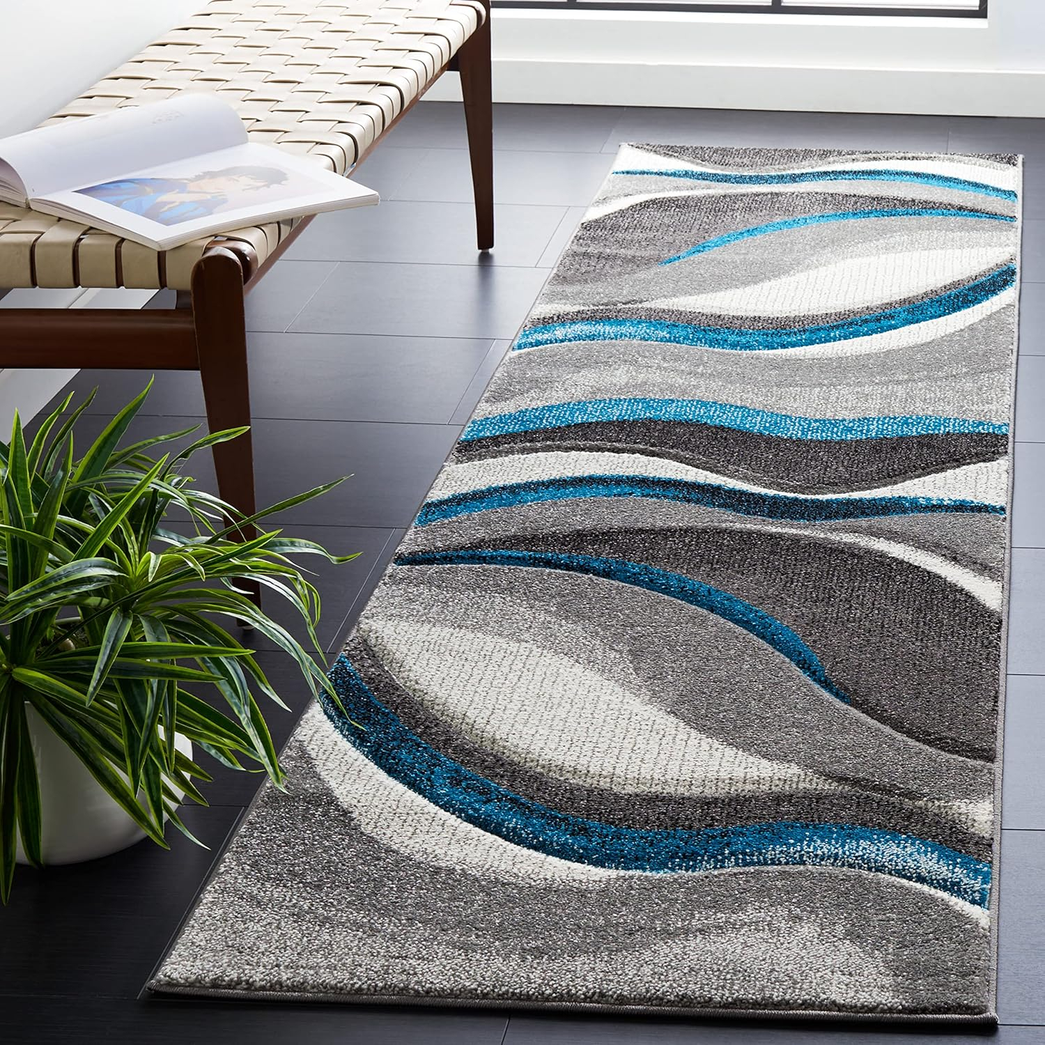 SAFAVIEH Hollywood Dalton Abstract Runner Rug, Grey/Turquoise, 2'3" x 8'