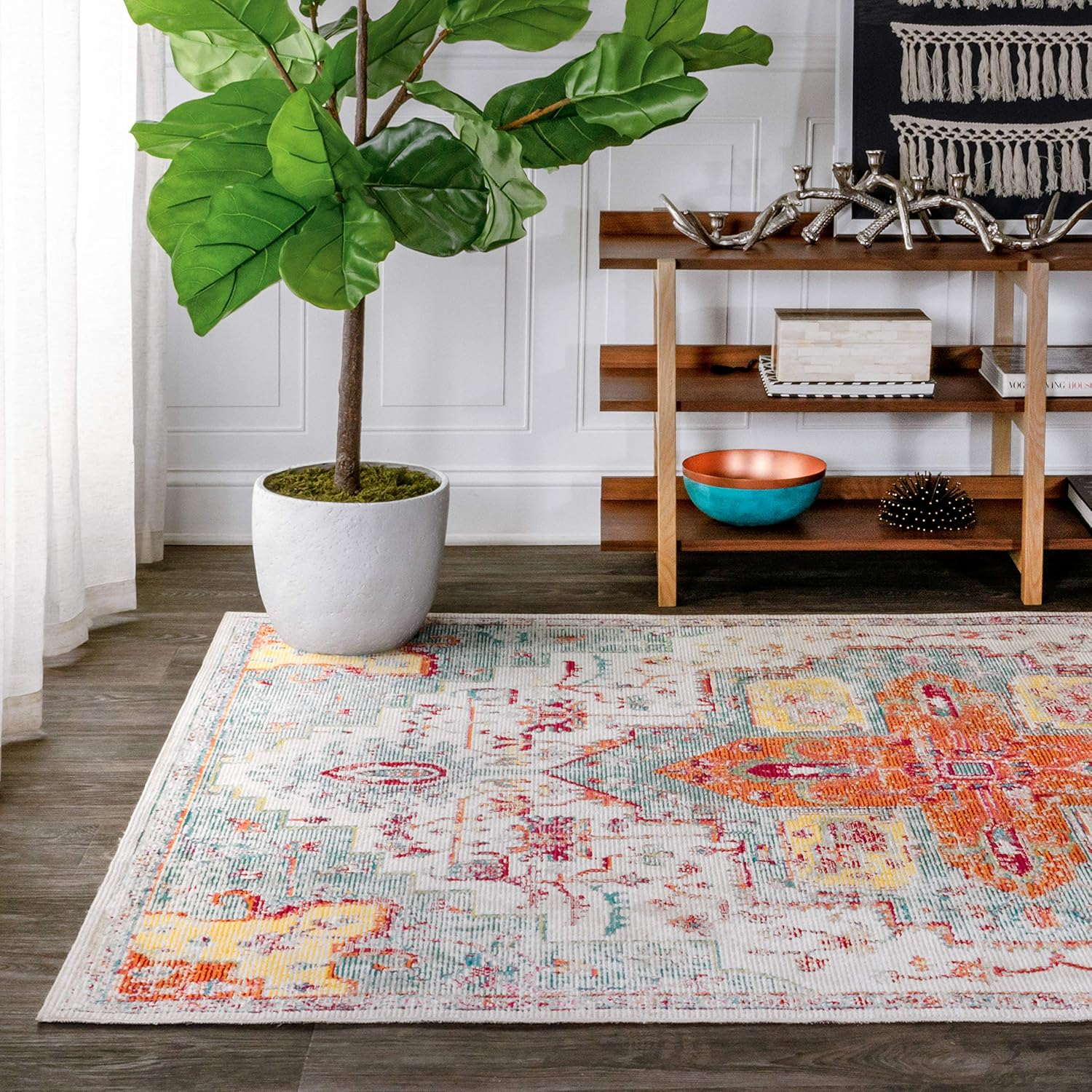JONATHAN Y CAV100A-4 Zafra Vintage Medallion Indoor Area-Rug Bohemian Floral Rustic Easy-Cleaning High Traffic Bedroom Kitchen Living Room Non Shedding, 4 ft x 6 ft, Coral/Blue/Multi