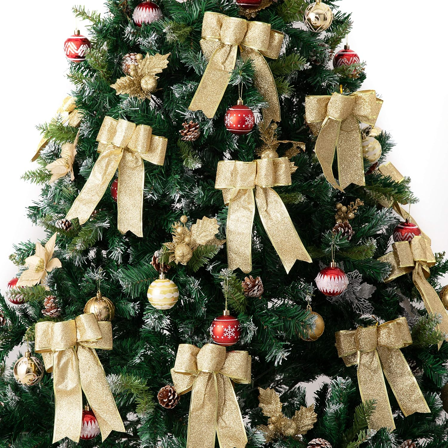 Ejiaya 12 Pieces Glitter Christmas Bows Christmas Wreath Bow Christmas Tree Ornaments Bows for Christmas Party Decoration (Gold)