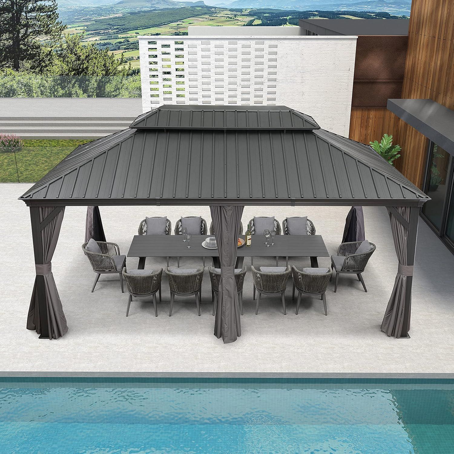 PURPLE LEAF 12' X 18' Permanent Hardtop Gazebo Aluminum Gazebo with Galvanized Steel Double Roof for Patio Lawn and Garden, Curtains and Netting Included, Grey