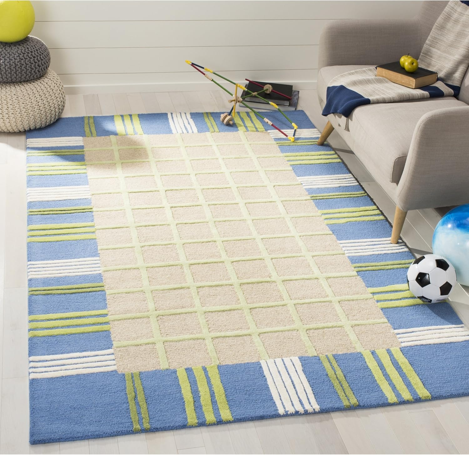 SAFAVIEH Kids Riley Geometric Bordered Cotton Area Rug, Taupe/Blue, 7' x 7' Square
