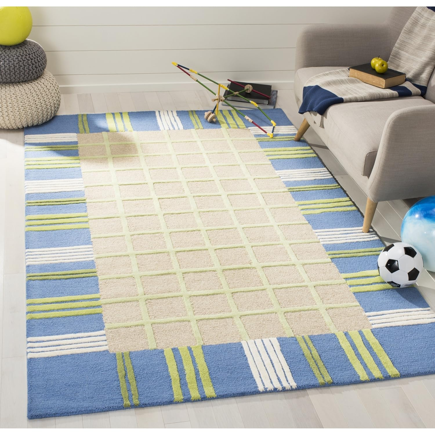 SAFAVIEH Kids Riley Geometric Bordered Cotton Area Rug, Taupe/Blue, 7' x 7' Square
