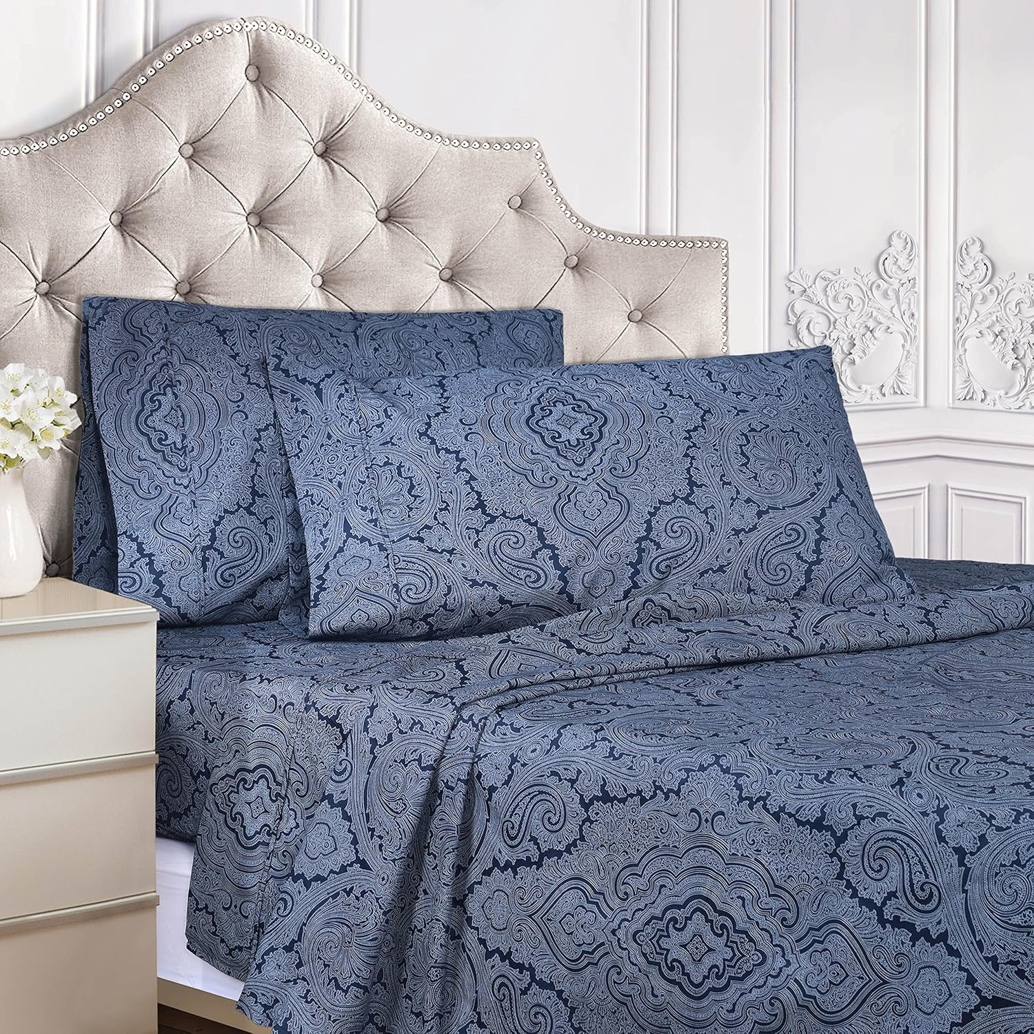 Superior Italian Paisley Cotton Blend Classic Sheet Set, Twin, Navy Blue