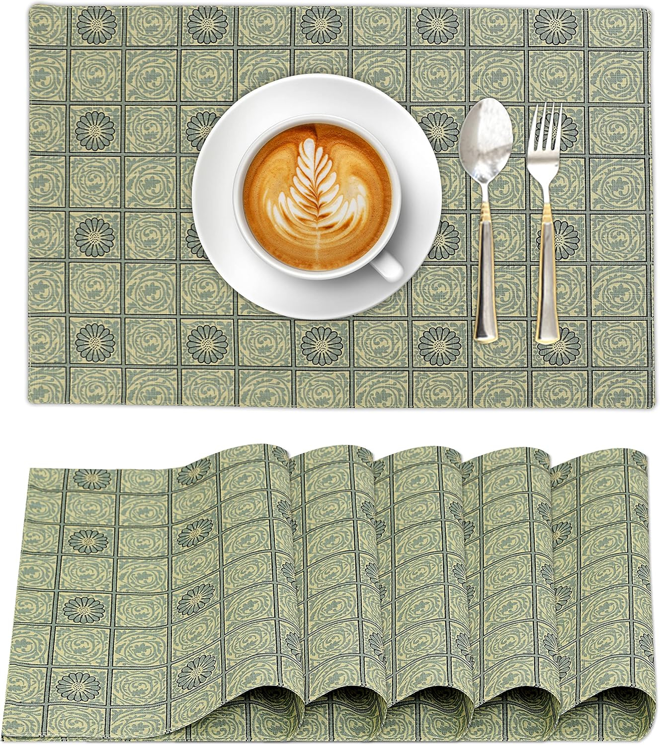 Ruvanti Placemats 100% Cotton 13x19 inch, Dining Table Placemats Set of 6, Modern Place Mats for Dining Table Décor, Kitchen & Table Linens, Coffee Mat for Christmas Dinners – Floral Tiles