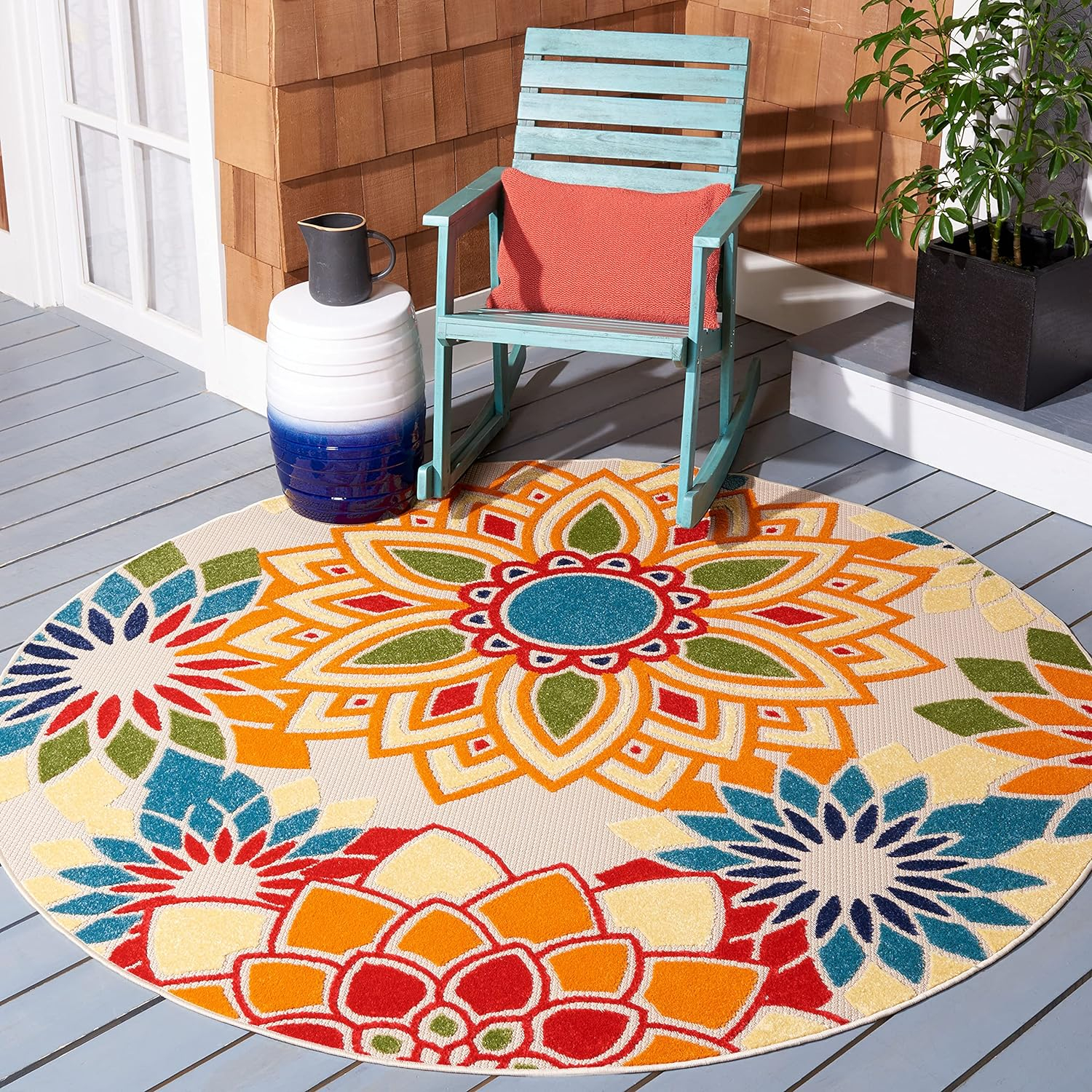 SAFAVIEH Cabana Molly Floral Indoor/Outdoor Area Rug, Ivory/Orange, 4' x 4' Round