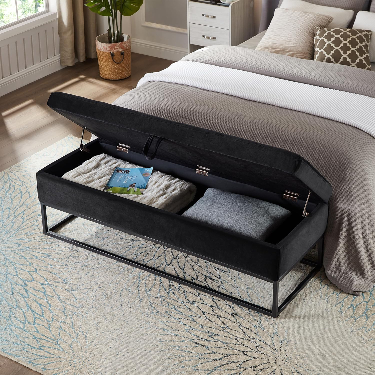 58.6" End of Bed Bench, Storage Bench with Metal Base Holds up to 500 lbs, Button Tufting Design Velvet Upholstered Bedroom Bench for End of Bed, Livingroom, Entryway, Window, Black