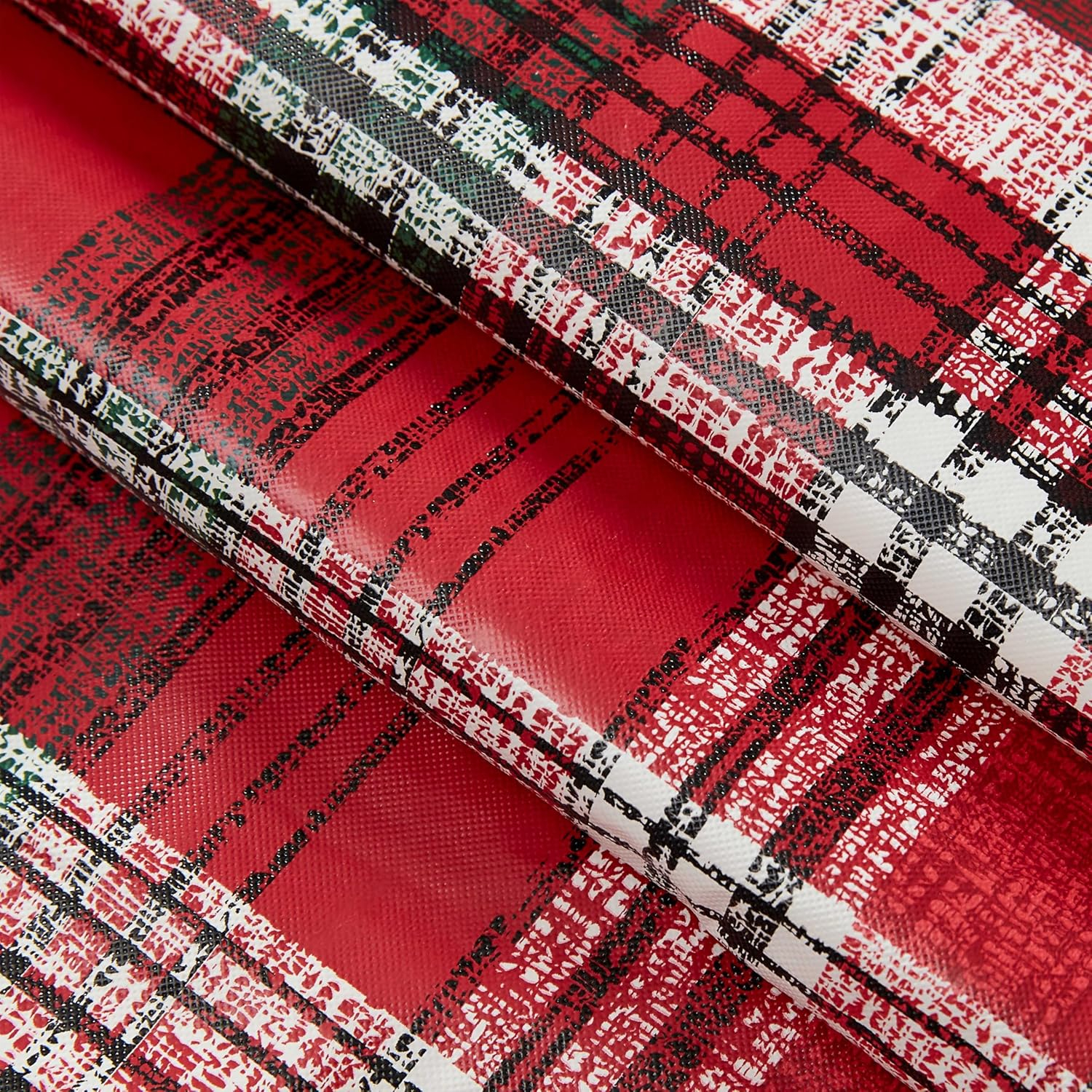 Oval Red and Green Plaid Vinyl Holiday Tablecloth, 60" x 84"