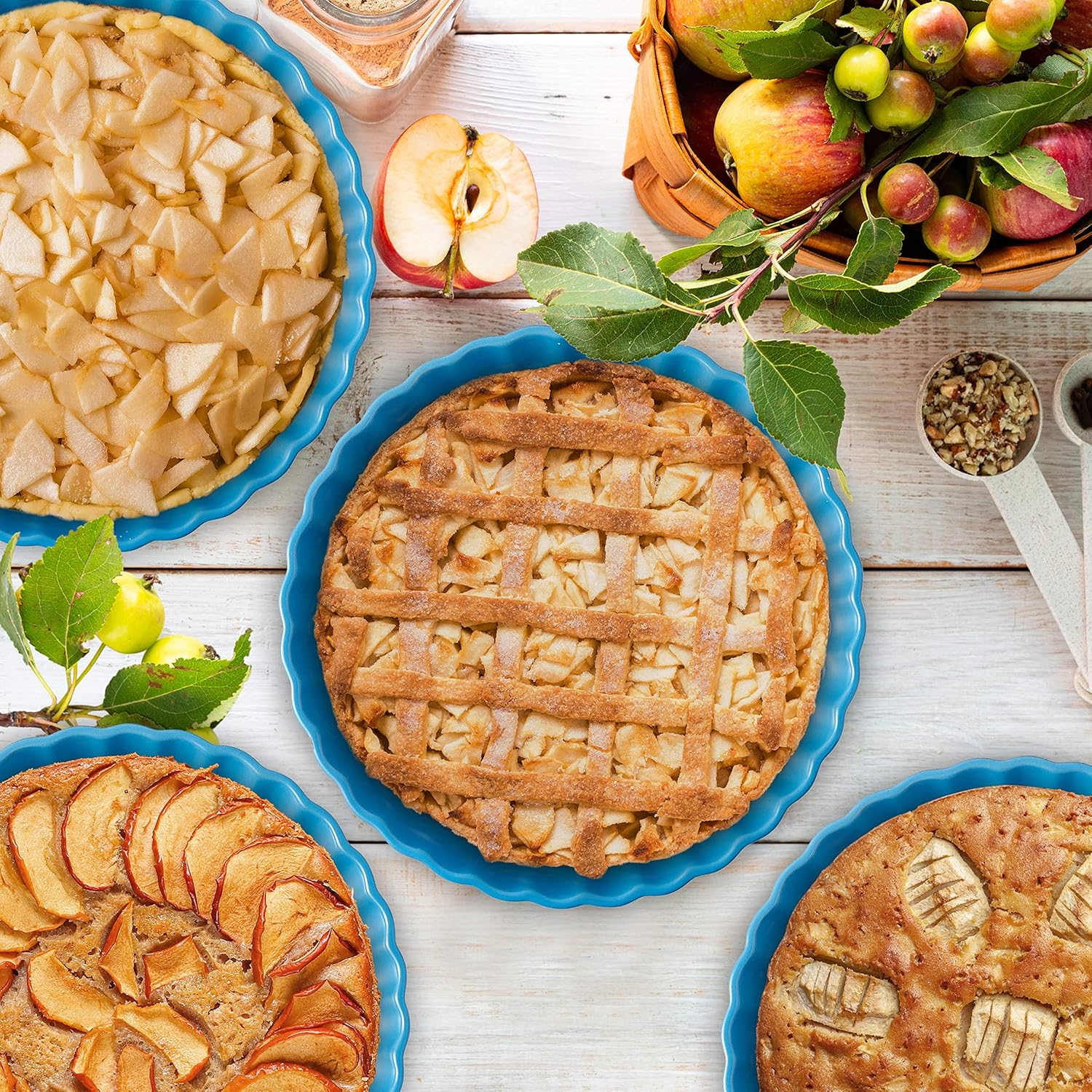 Bruntmor Ceramic Pie Pans Set of 4, Baking Dishes/Quiche Dish/Apple Pie/Tart. Oven Safe Nonstick Porcelain Round Baking Plate/Pot/Tart Pan. 10"/ Blue