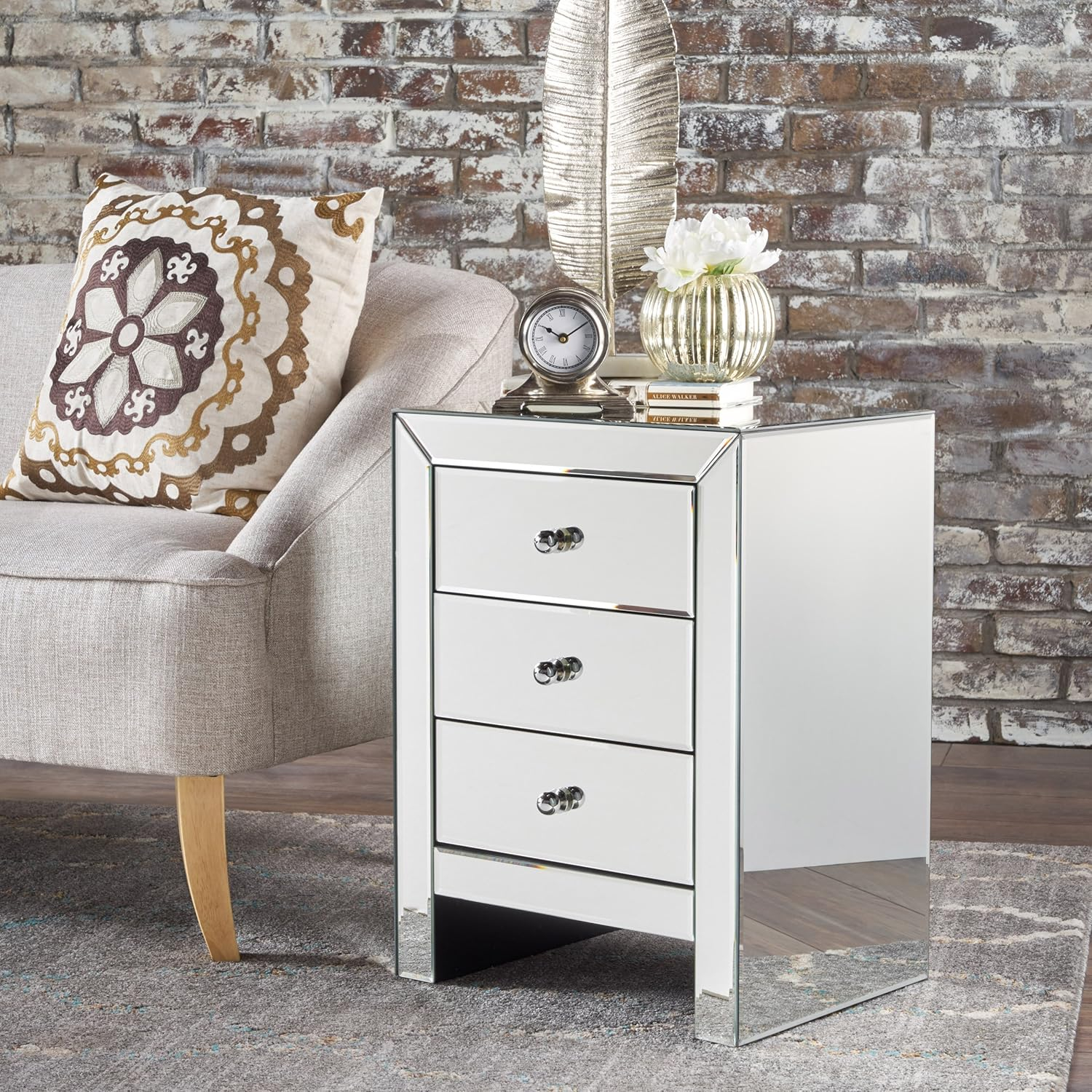 GDF Studio Vashti Mirror Finished 3 Drawer Accent Table