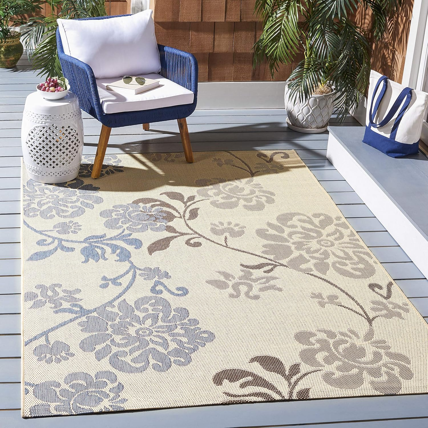 SAFAVIEH Courtyard Cindy Floral Indoor/Outdoor Area Rug, 5'3" x 7'7", Natural Brown/Blue