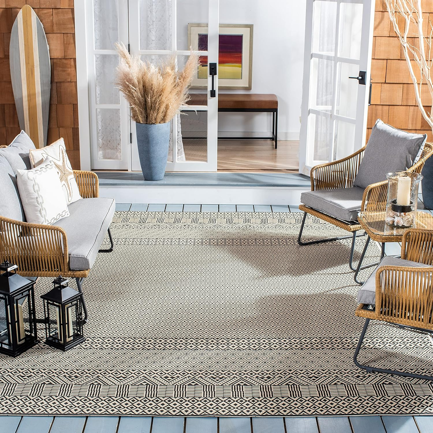 SAFAVIEH Courtyard Naomi Aztec Indoor/Outdoor Area Rug, 9' x 12', Beige/Black
