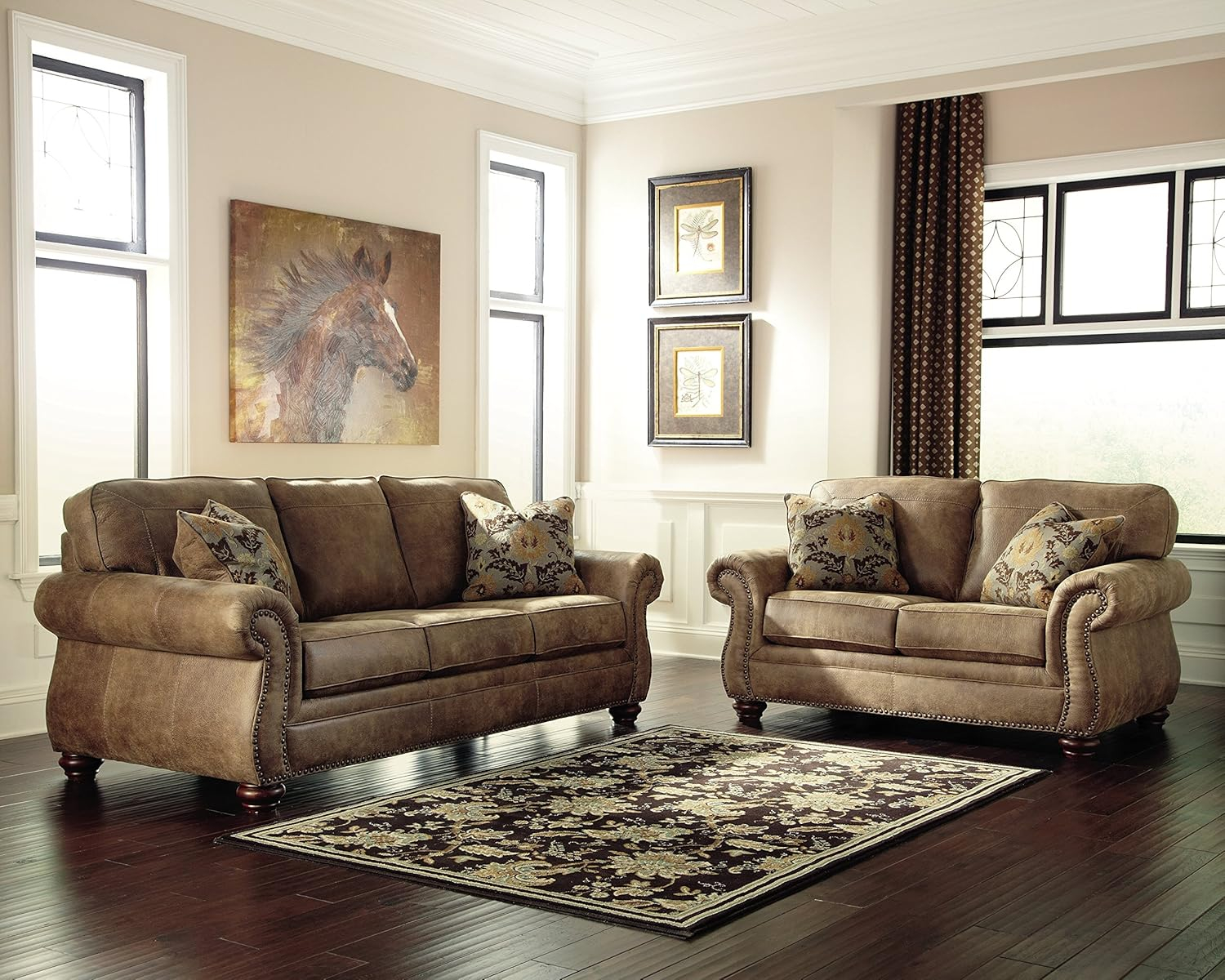 Brown Faux Leather Traditional Loveseat with Rolled Arms and Nailhead Trim